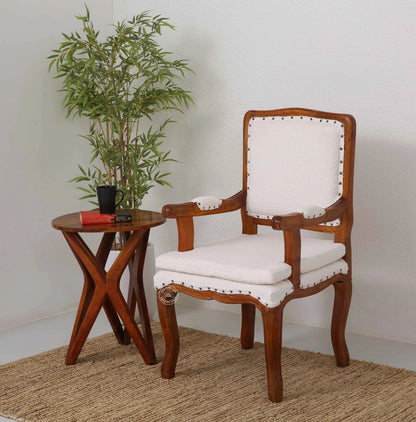 Mira Wooden Arm Chair – Solid Rosewood, Honey Finish, Bronze & White Boucle | Opelhome UAE