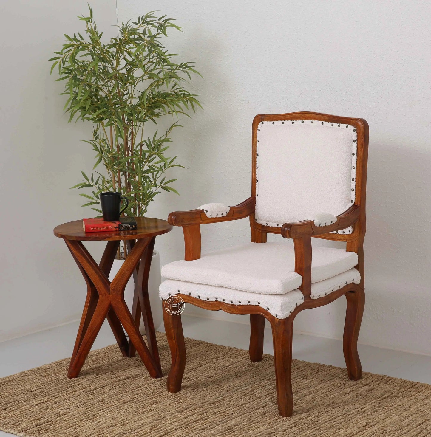 Mira Wooden Arm Chair – Solid Rosewood, Honey Finish, Bronze & White Boucle | Opelhome UAE