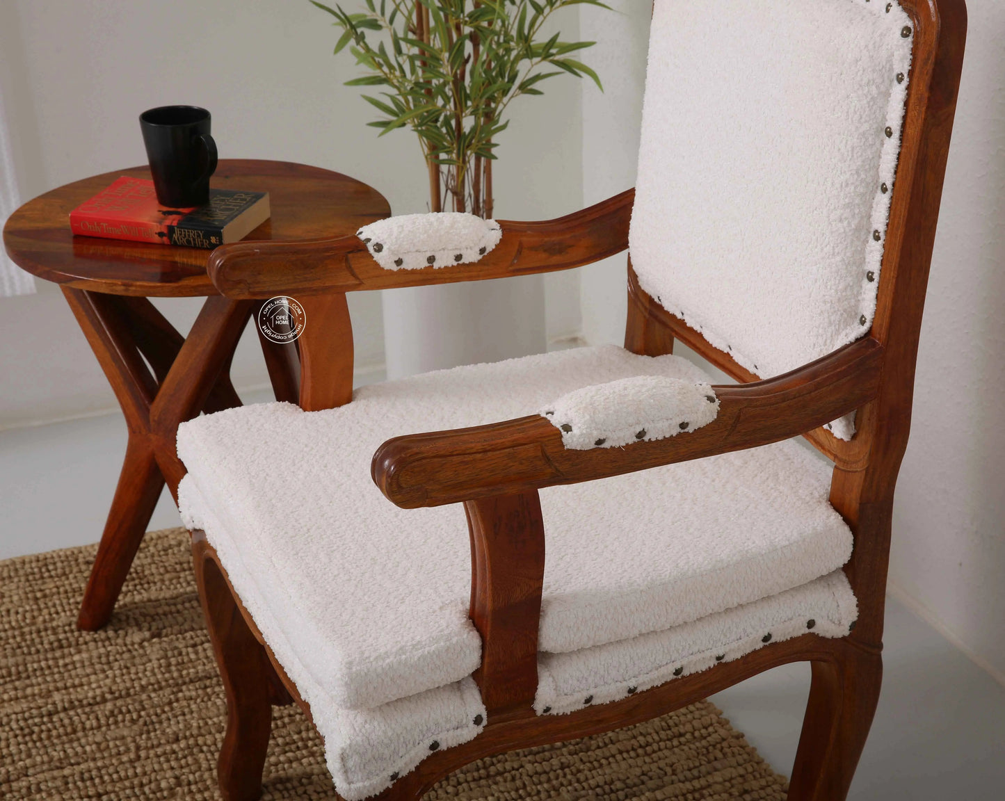 Mira Wooden Arm Chair – Solid Rosewood, Honey Finish, Bronze & White Boucle | Opelhome UAE