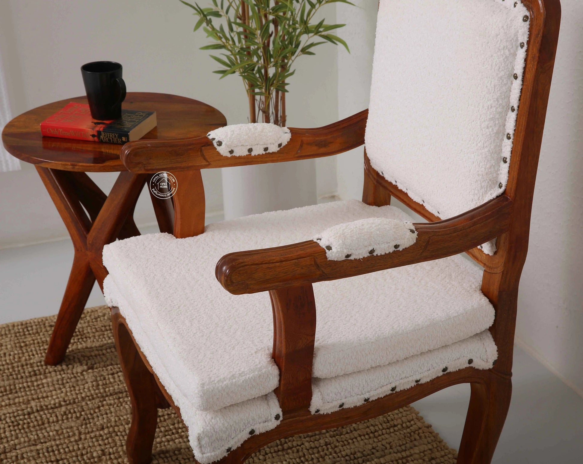 Mira Wooden Arm Chair – Solid Rosewood, Honey Finish, Bronze & White Boucle | Opelhome UAE