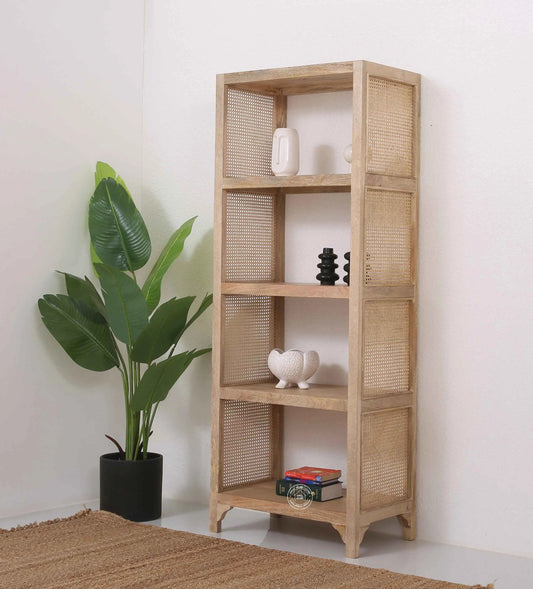 Modern Rattan Wooden Book Shelves – Solid Mango Wood, Natural Finish, Tall Storage | Opelhome UAE