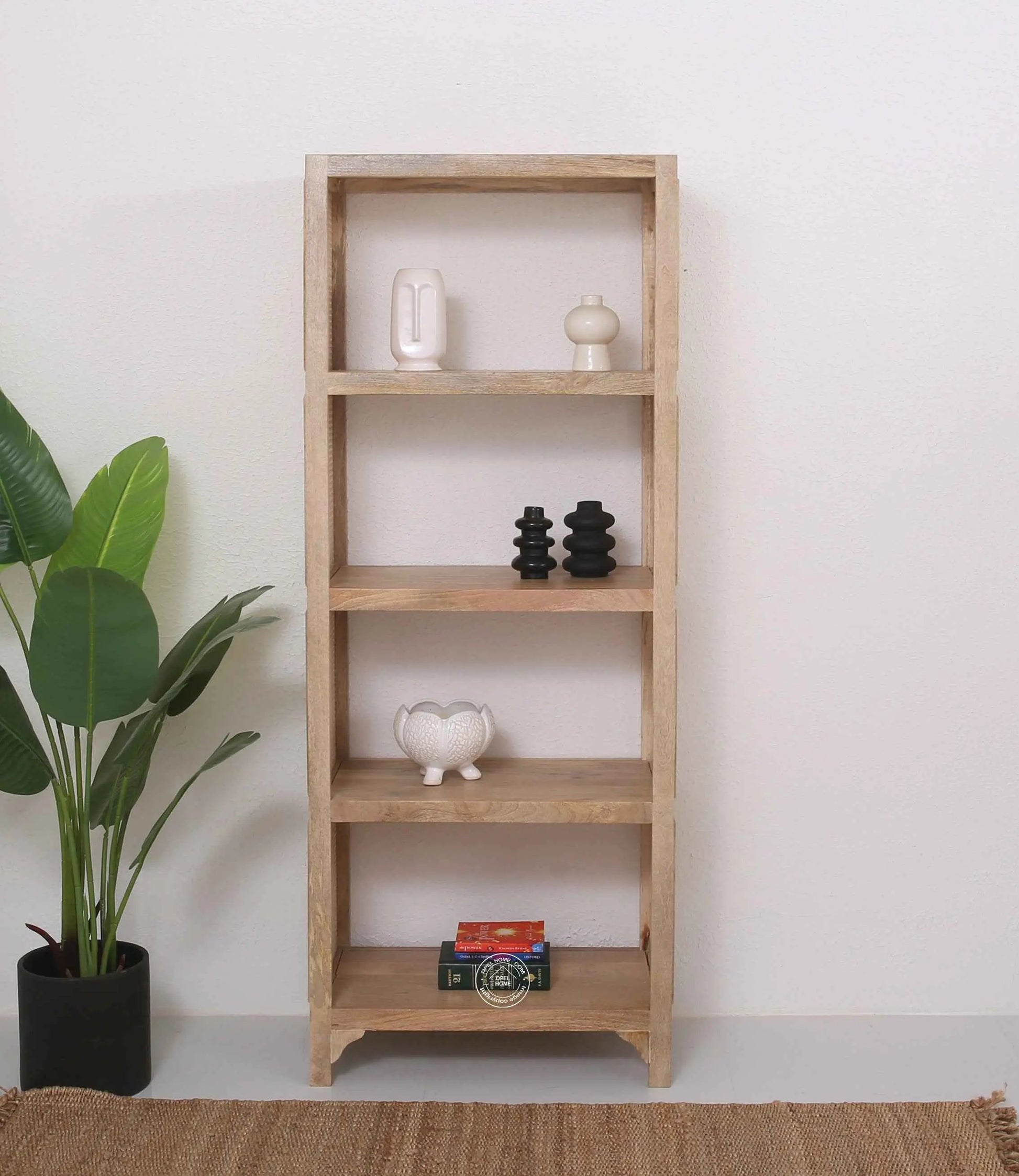 Modern Rattan Wooden Book Shelves – Solid Mango Wood, Natural Finish, Tall Storage | Opelhome UAE