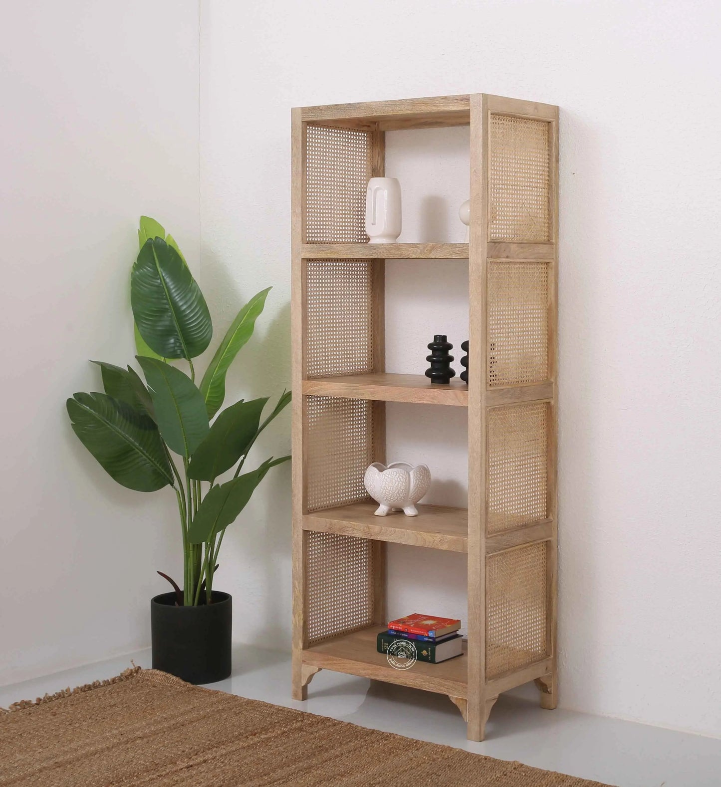Modern Rattan Wooden Book Shelves – Solid Mango Wood, Natural Finish, Tall Storage | Opelhome UAE