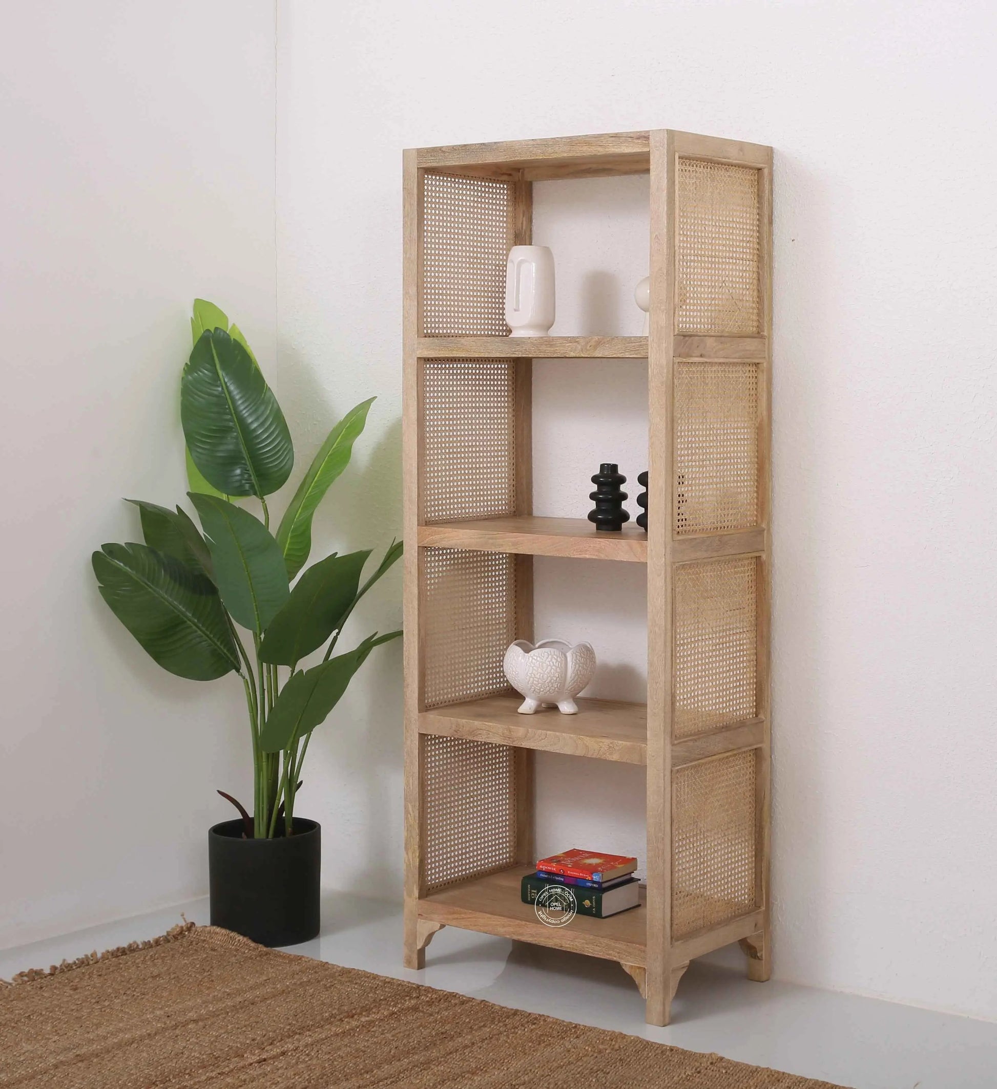 Modern Rattan Wooden Book Shelves – Solid Mango Wood, Natural Finish, Tall Storage | Opelhome UAE