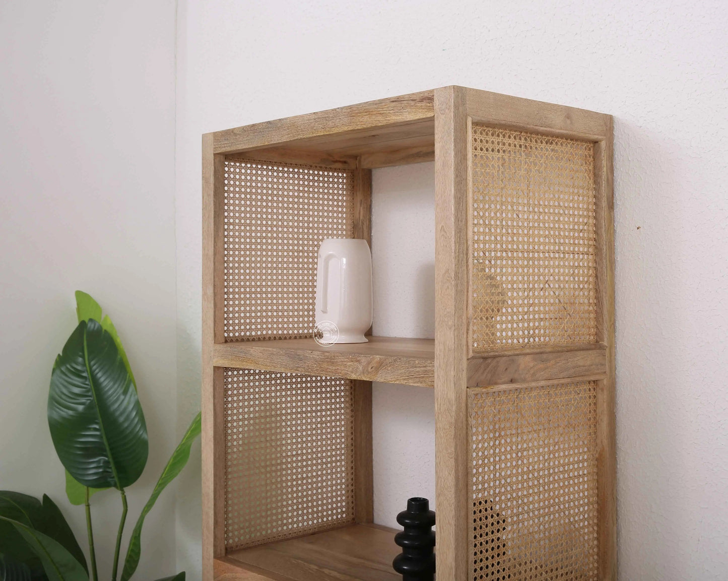 Modern Rattan Wooden Book Shelves – Solid Mango Wood, Natural Finish, Tall Storage | Opelhome UAE
