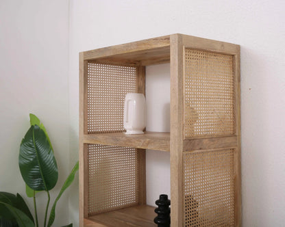 Modern Rattan Wooden Book Shelves – Solid Mango Wood, Natural Finish, Tall Storage | Opelhome UAE