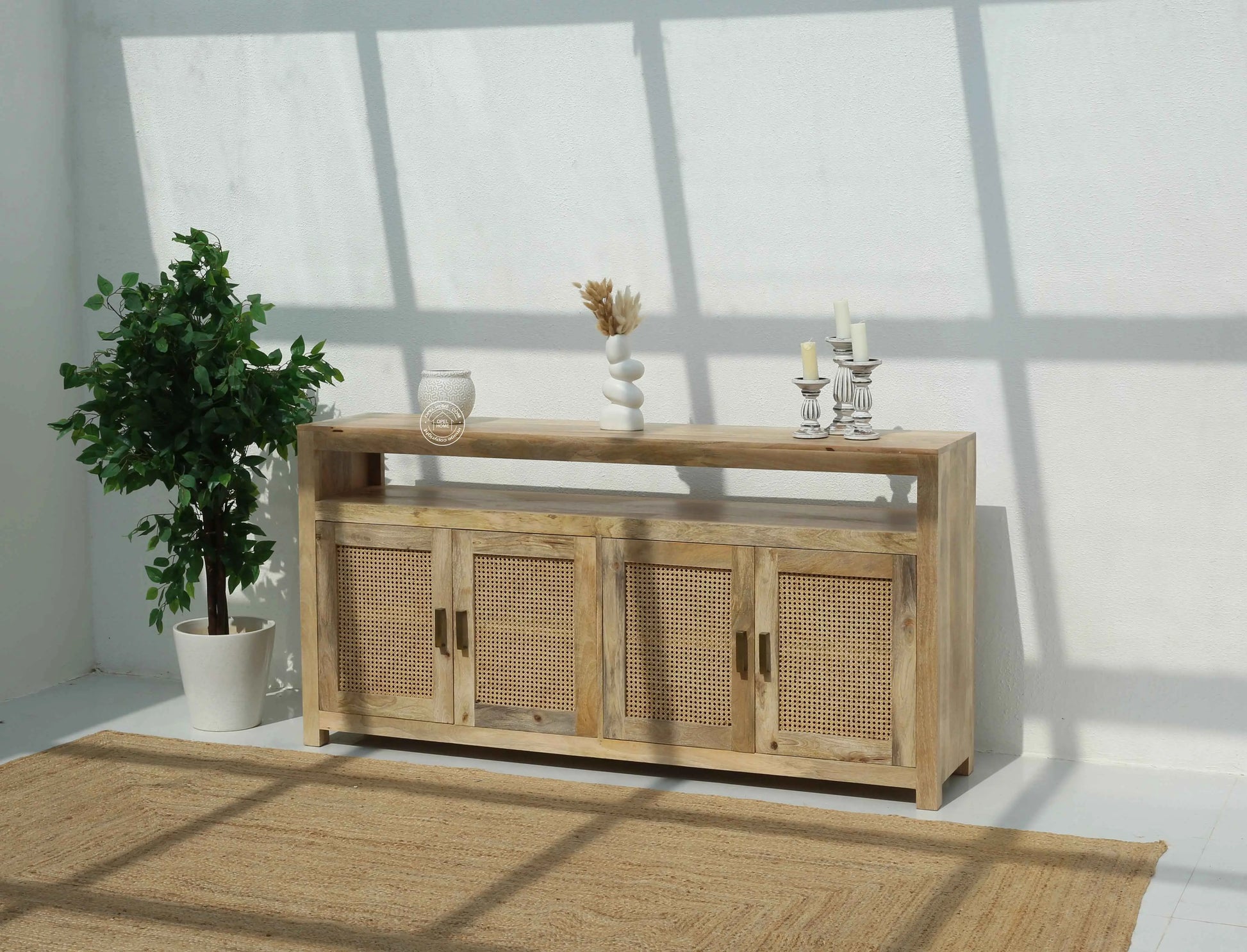 Modgrain Rattan Sideboard – 4 Doors, Solid Mango Wood, Natural Finish | Opelhome UAE