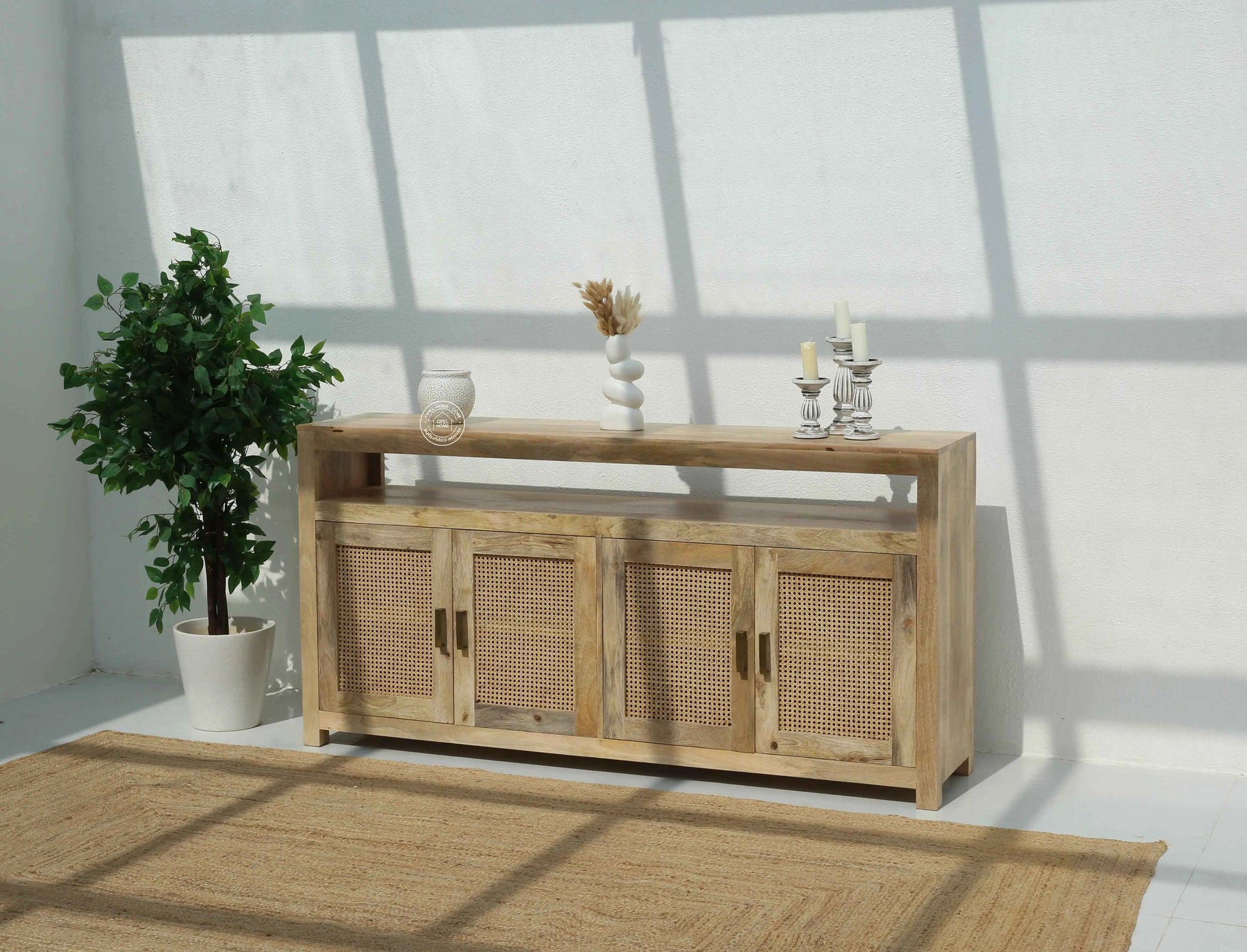 Modgrain Rattan Sideboard – 4 Doors, Solid Mango Wood, Natural Finish | Opelhome UAE