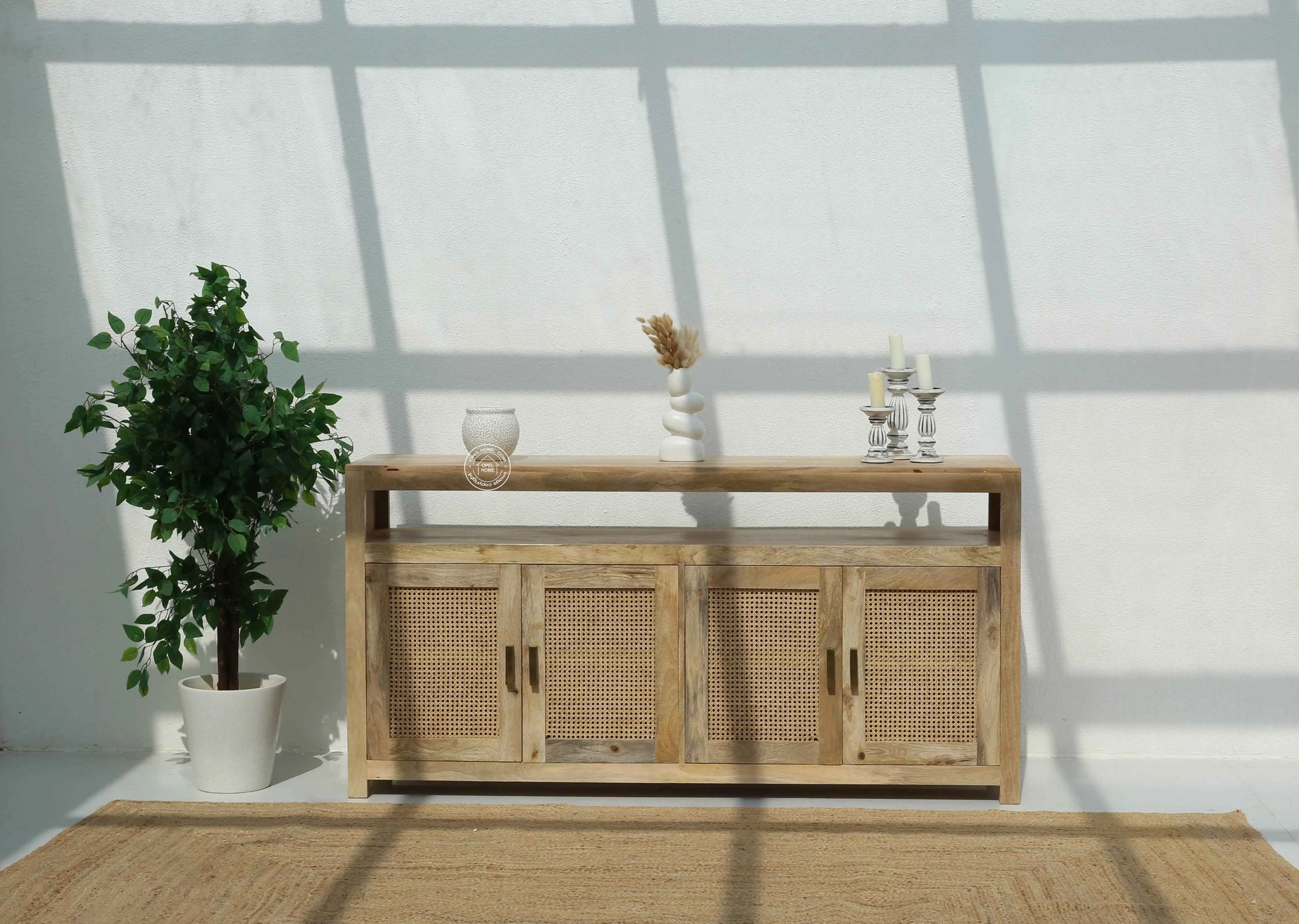 Modgrain Rattan Sideboard – 4 Doors, Solid Mango Wood, Natural Finish | Opelhome UAE