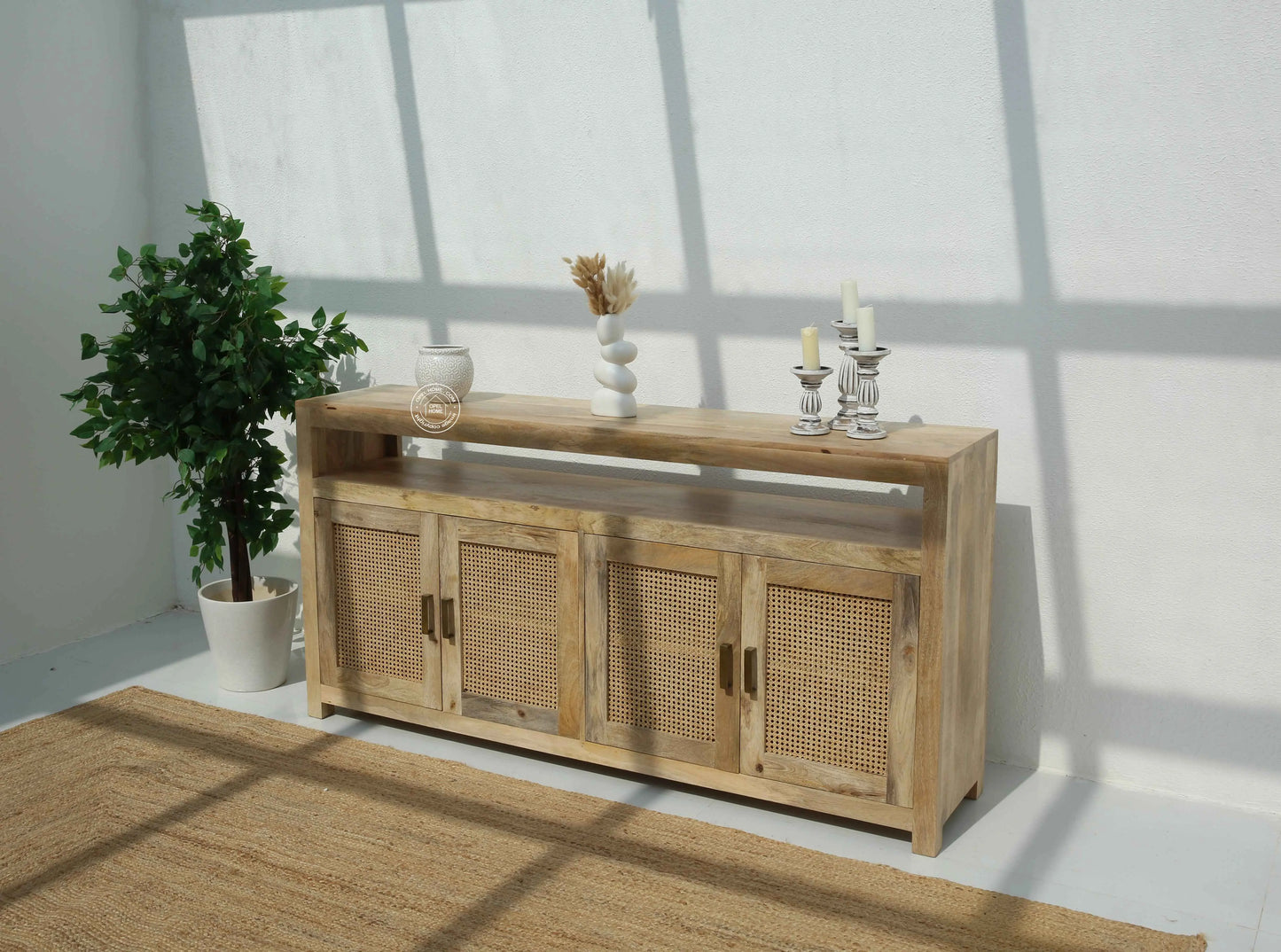 Modgrain Rattan Sideboard – 4 Doors, Solid Mango Wood, Natural Finish | Opelhome UAE