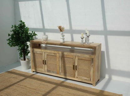 Modgrain Rattan Sideboard – 4 Doors, Solid Mango Wood, Natural Finish | Opelhome UAE