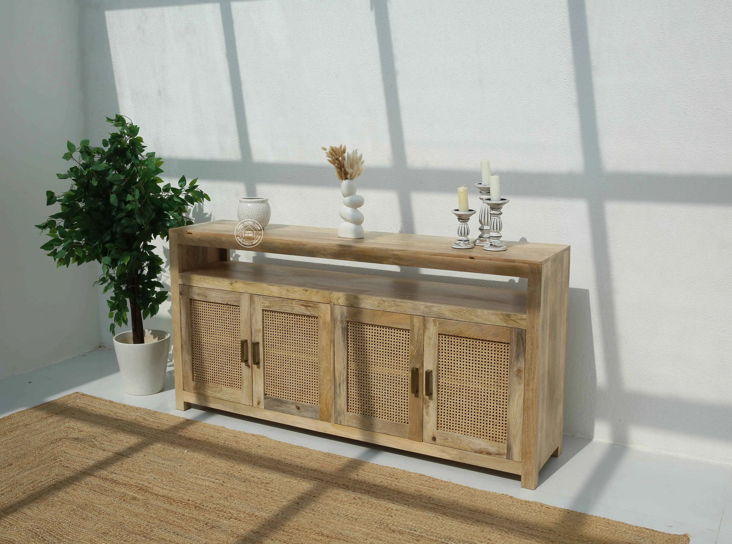 Modgrain Rattan Sideboard – 4 Doors, Solid Mango Wood, Natural Finish | Opelhome UAE