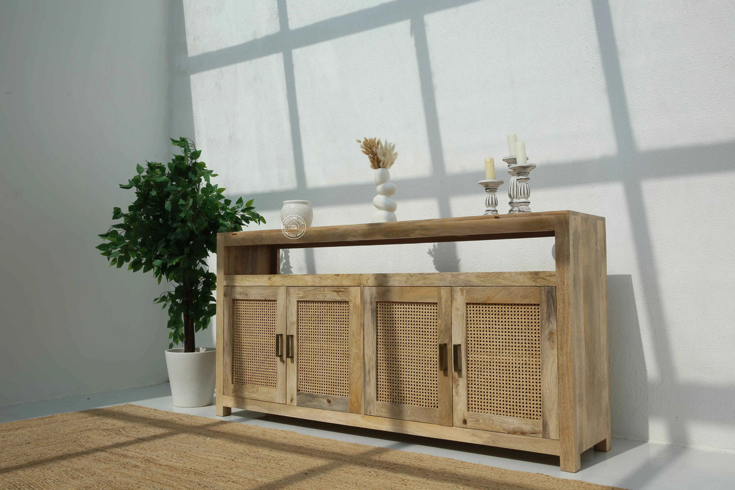 Modgrain Rattan Sideboard – 4 Doors, Solid Mango Wood, Natural Finish | Opelhome UAE