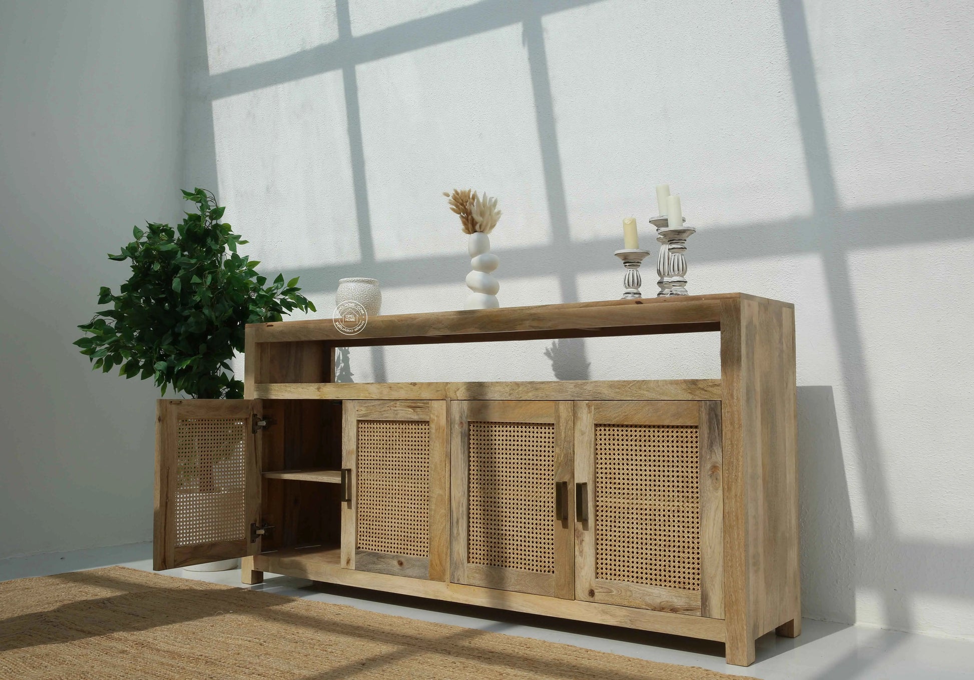 Modgrain Rattan Sideboard – 4 Doors, Solid Mango Wood, Natural Finish | Opelhome UAE