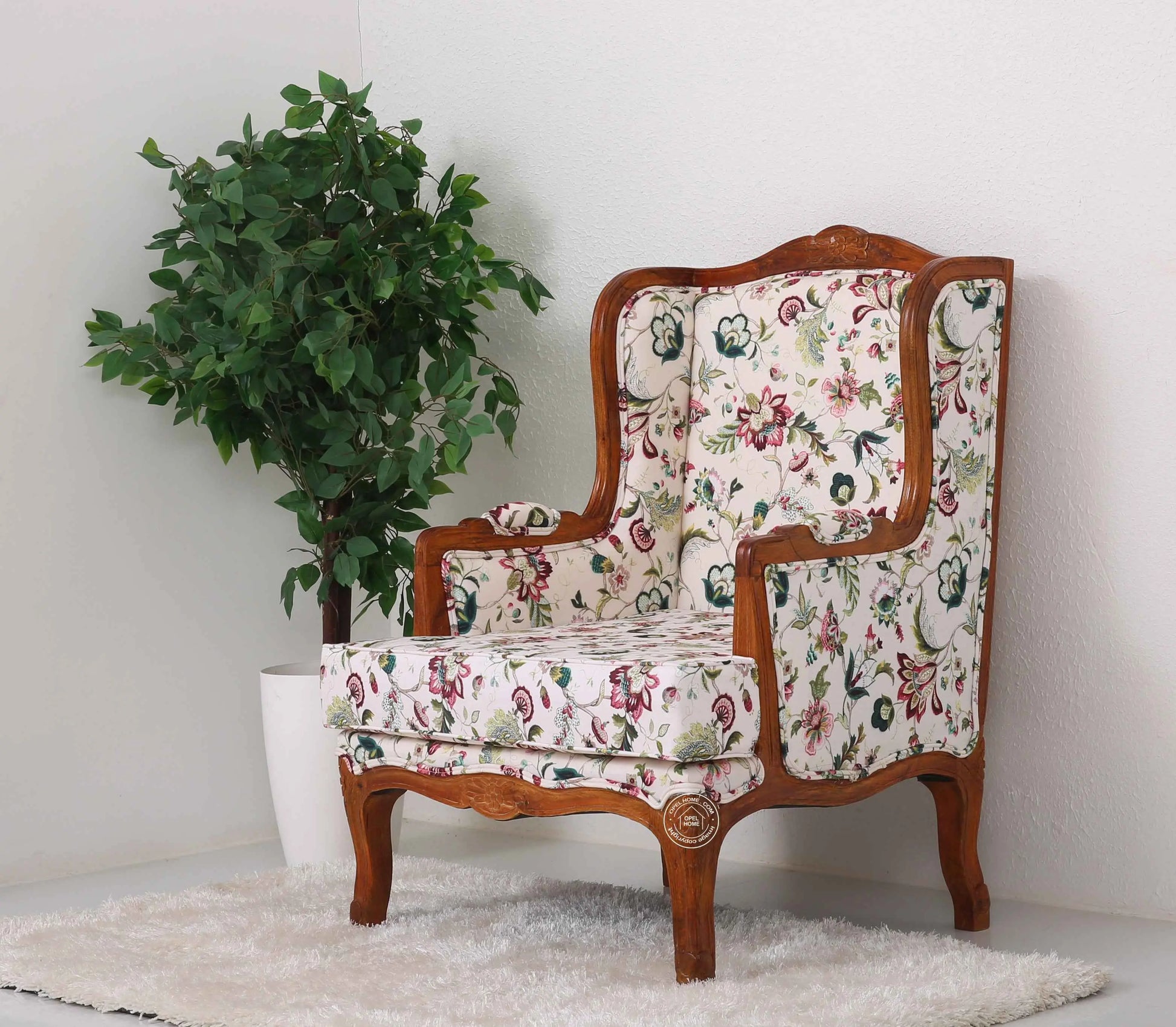 Modura Wooden Lounge Chair – Solid Rosewood, Honey Finish, Boucle Fabric | Opelhome UAE