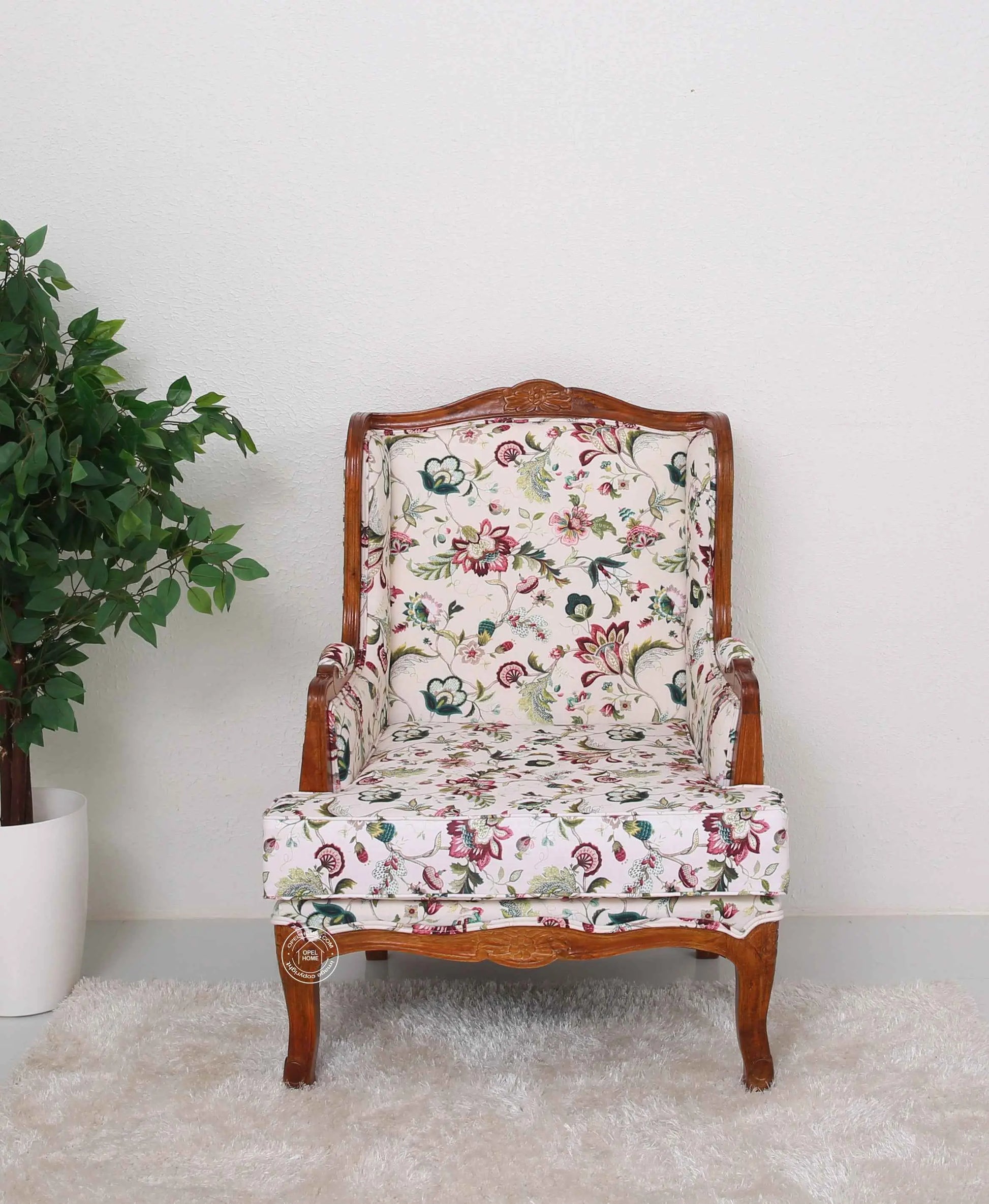 Modura Wooden Lounge Chair – Solid Rosewood, Honey Finish, Boucle Fabric | Opelhome UAE