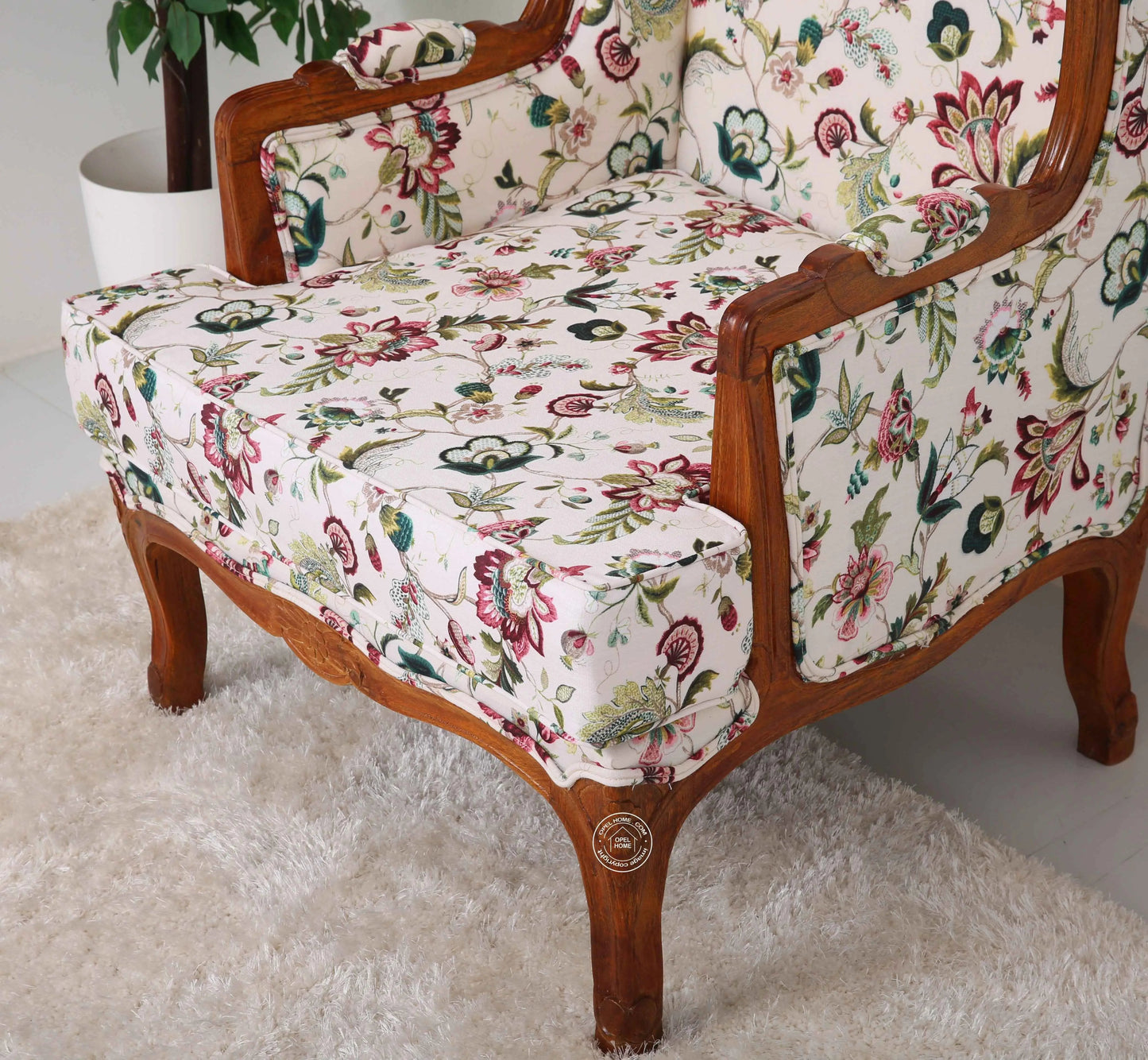 Modura Wooden Lounge Chair – Solid Rosewood, Honey Finish, Boucle Fabric | Opelhome UAE