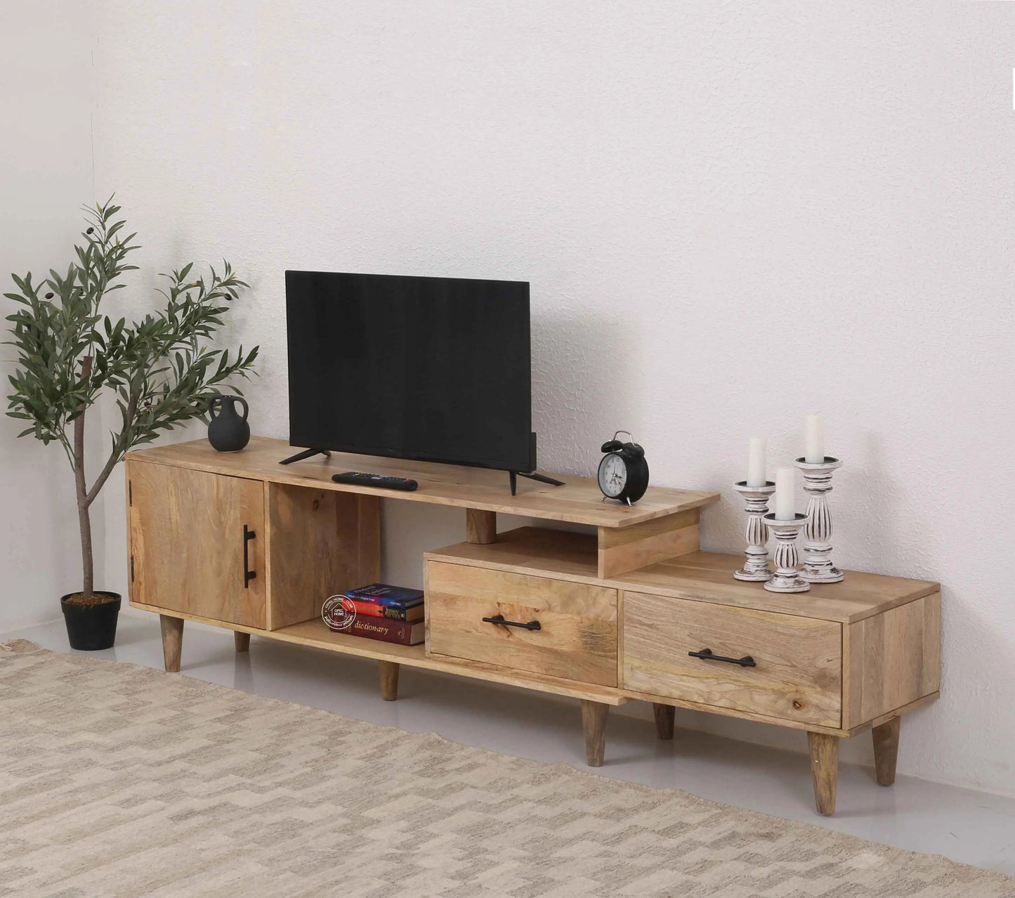 Montella Wooden Media Unit – 3 Shelves, Solid Mango Wood, Natural Finish | Opelhome UAE