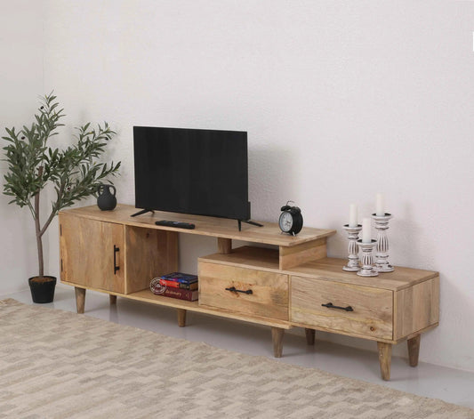 Montella Wooden Media Unit – 3 Shelves, Solid Mango Wood, Natural Finish | Opelhome UAE