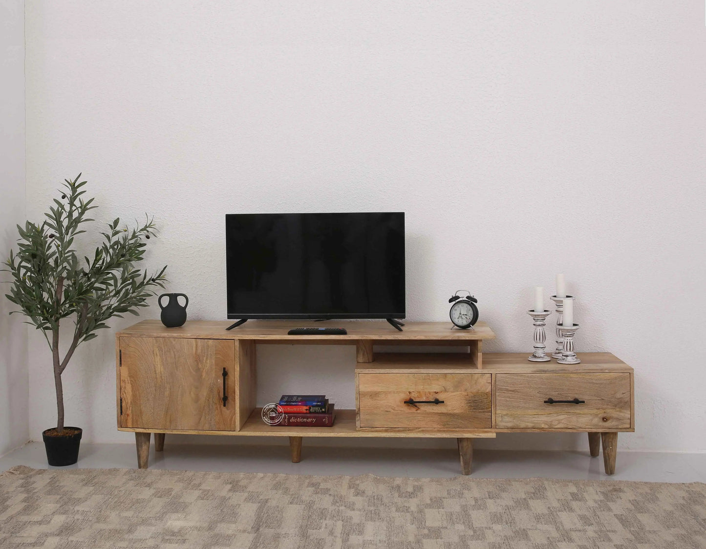 Montella Wooden Media Unit – 3 Shelves, Solid Mango Wood, Natural Finish | Opelhome UAE