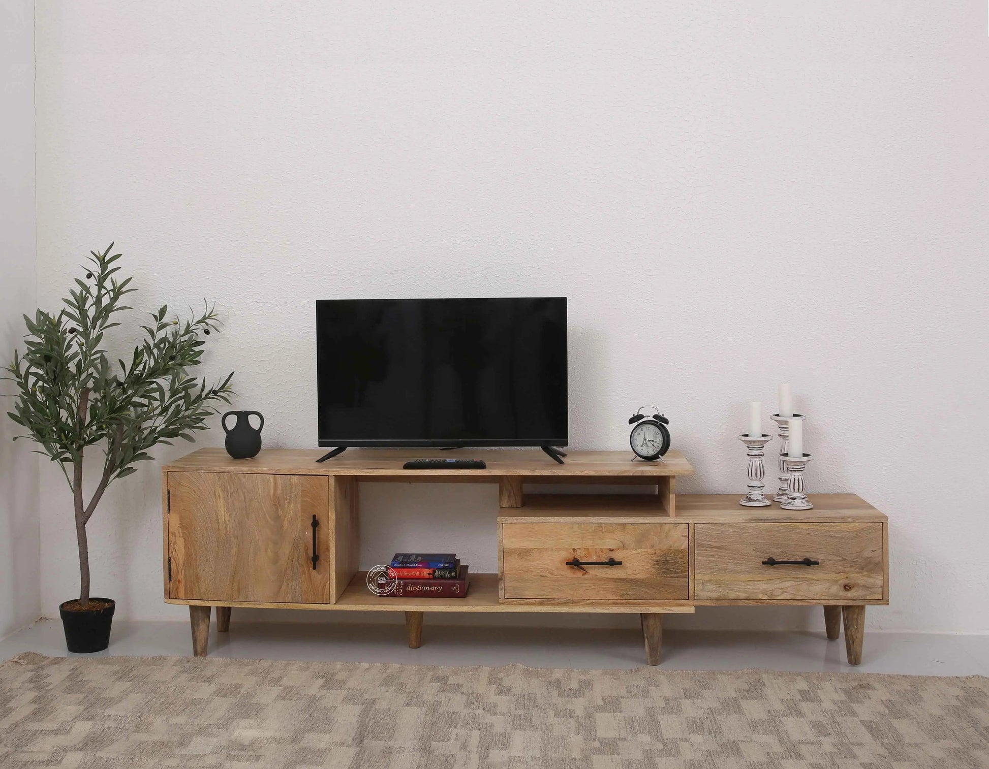 Montella Wooden Media Unit – 3 Shelves, Solid Mango Wood, Natural Finish | Opelhome UAE