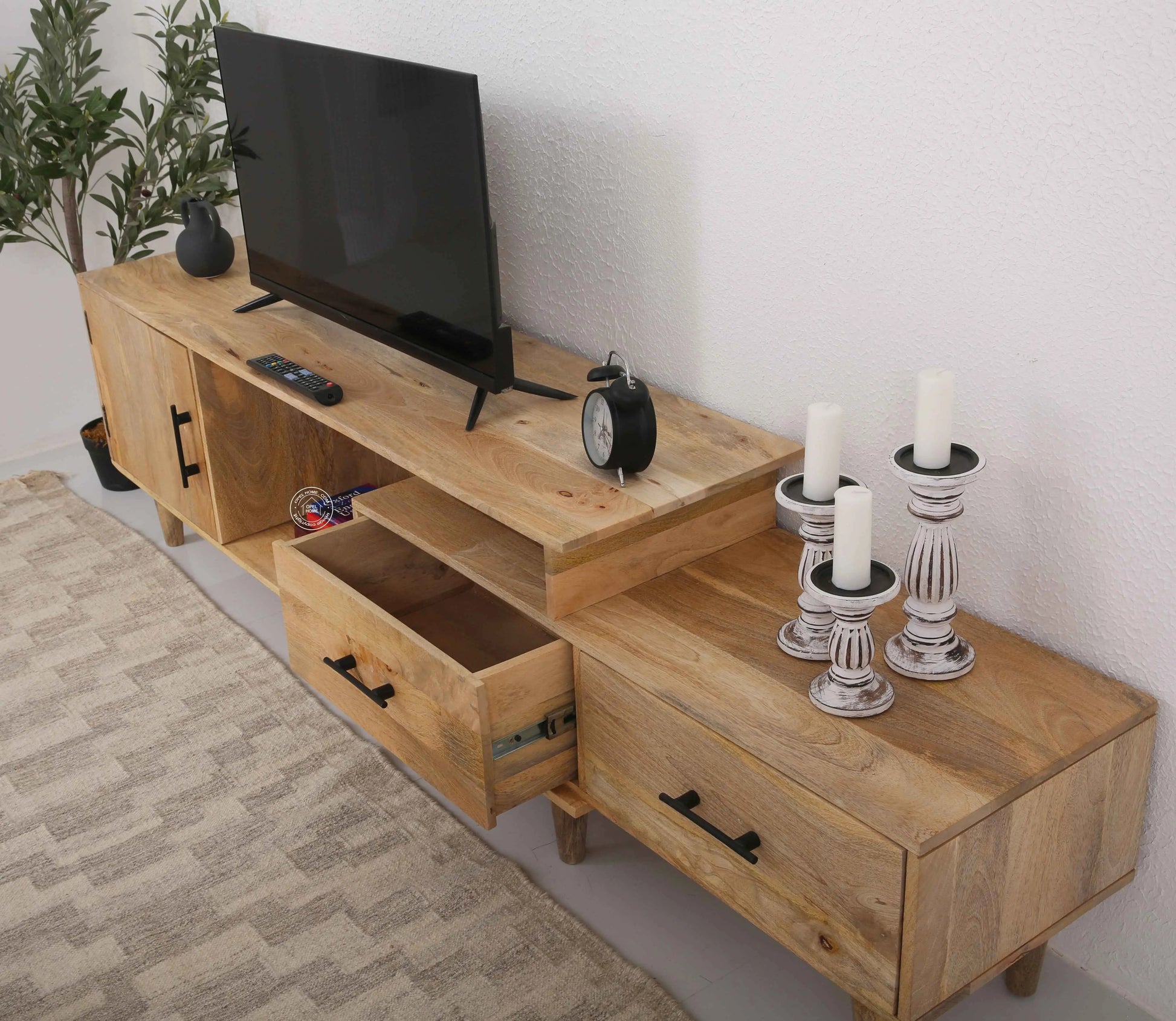 Montella Wooden Media Unit – 3 Shelves, Solid Mango Wood, Natural Finish | Opelhome UAE