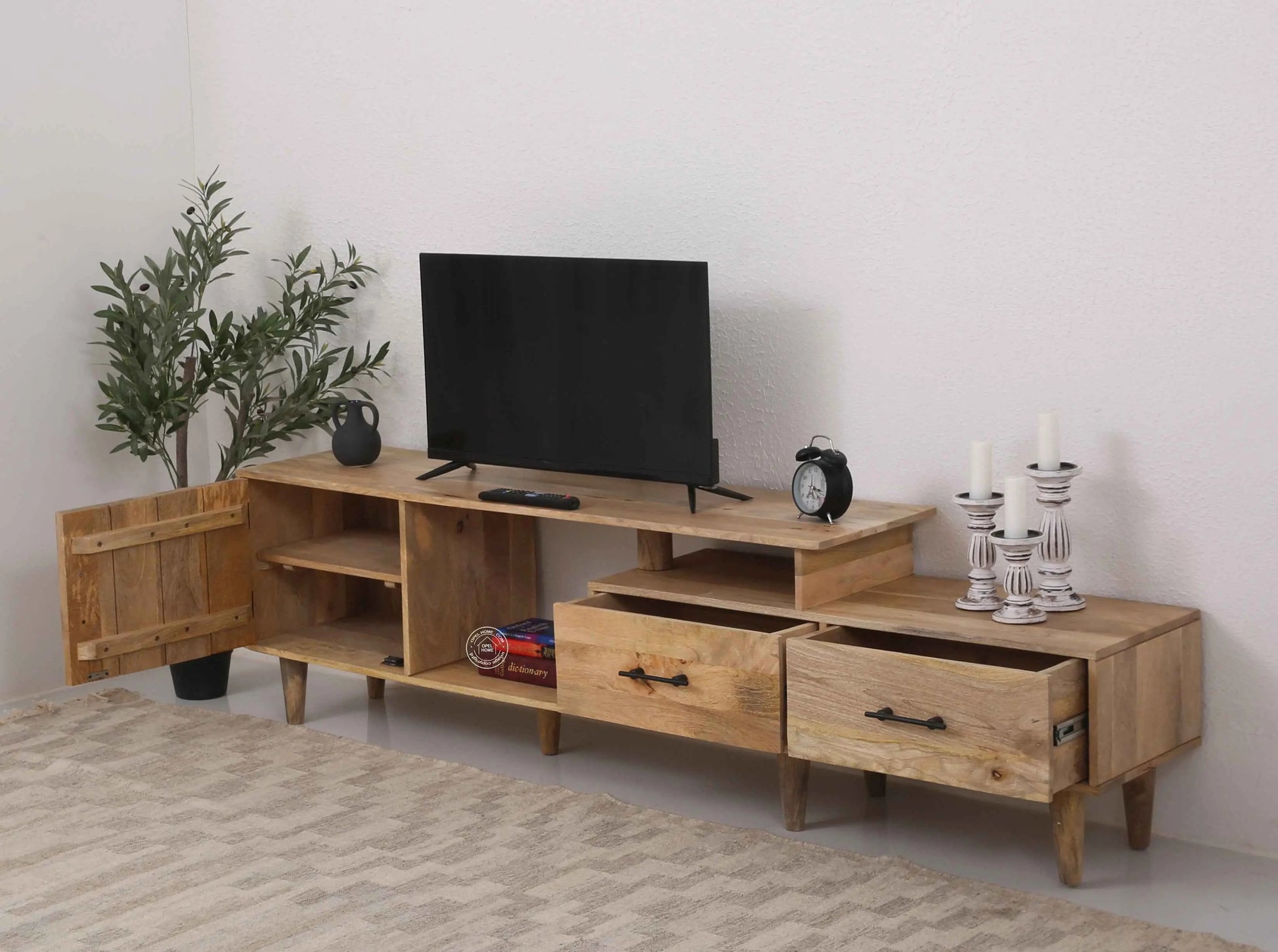 Montella Wooden Media Unit – 3 Shelves, Solid Mango Wood, Natural Finish | Opelhome UAE