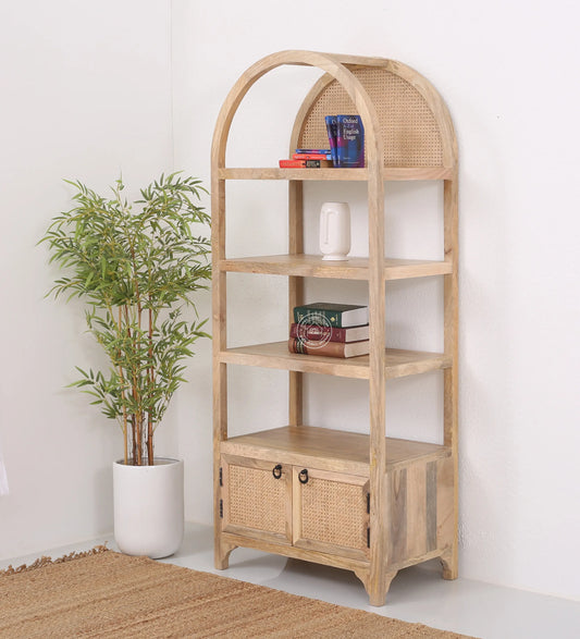 Naroow Rattan Wooden Display Shelf – Solid Mango Wood, Natural Finish, Tall | Opelhome UAE