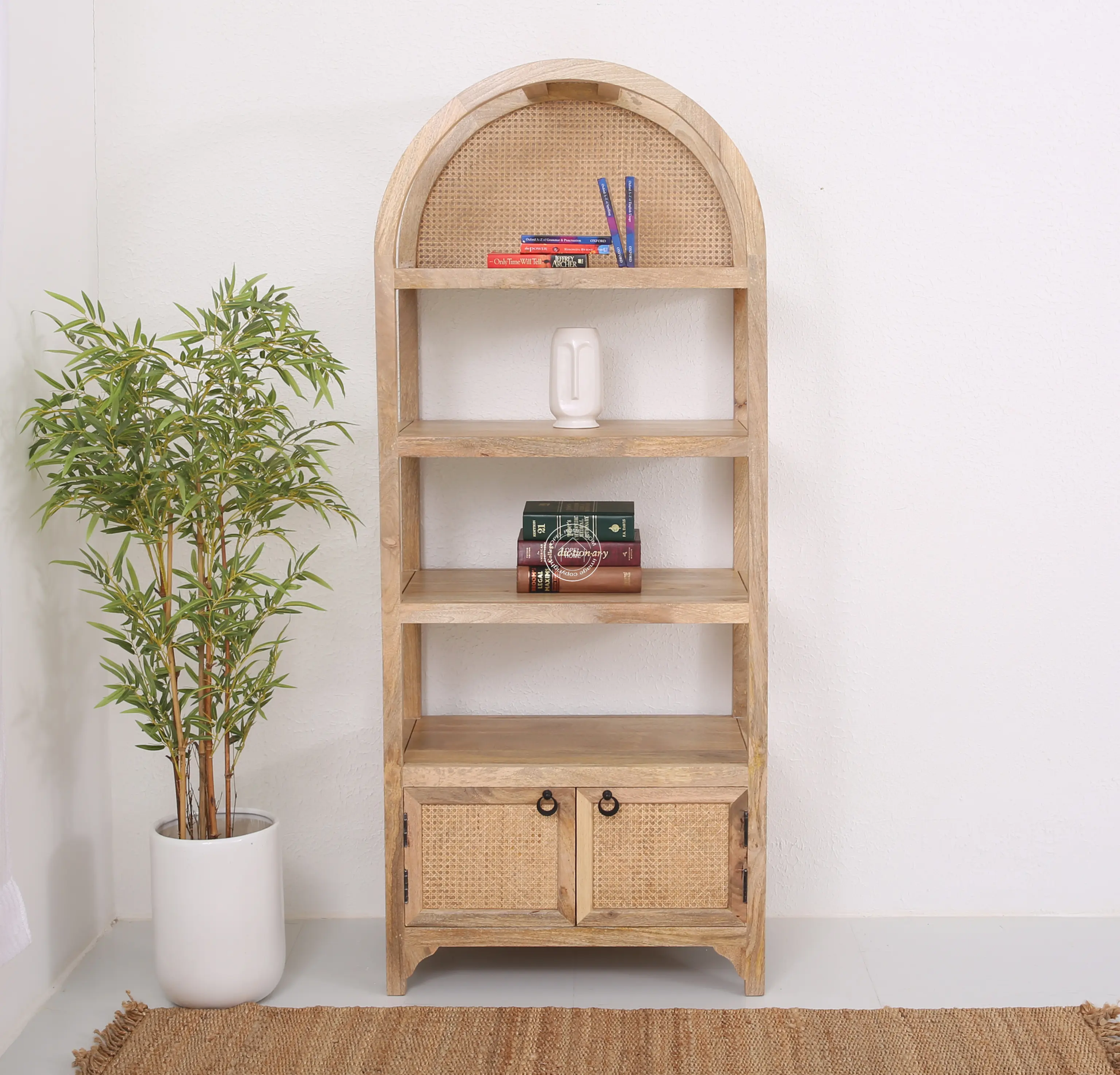 Naroow Rattan Wooden Display Shelf – Solid Mango Wood, Natural Finish, Tall | Opelhome UAE