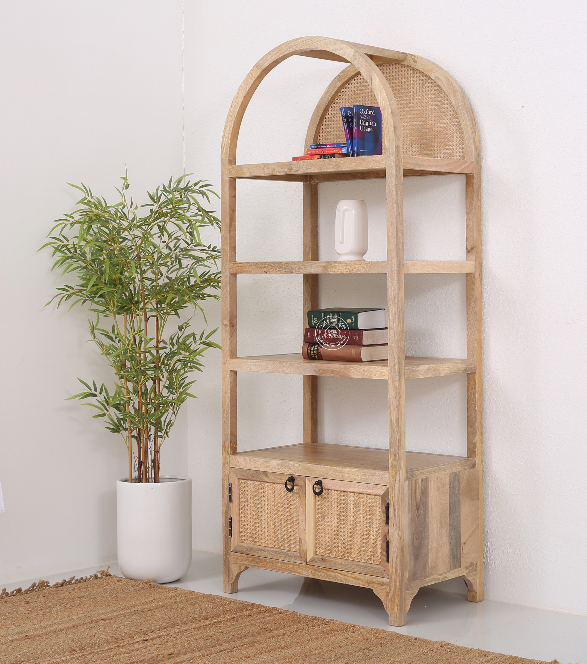 Naroow Rattan Wooden Display Shelf – Solid Mango Wood, Natural Finish, Tall | Opelhome UAE