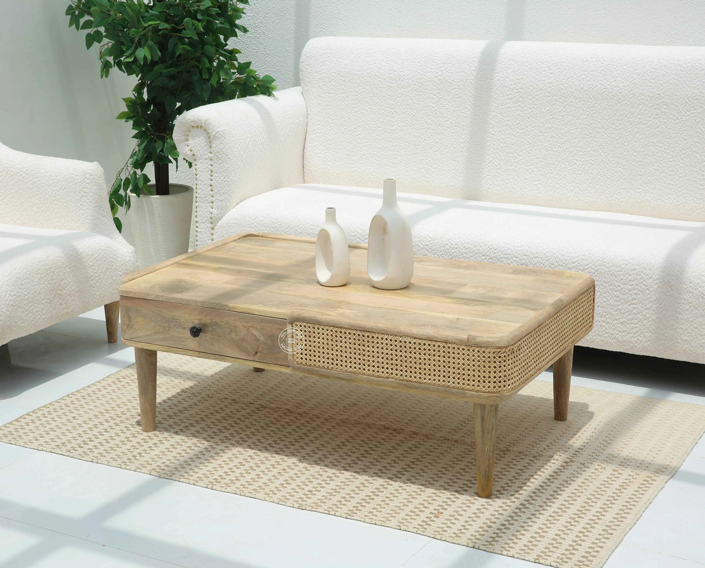Nicolee Rattan Coffee Table – 2 Drawers, Solid Mango Wood, Natural Finish | Opelhome UAE