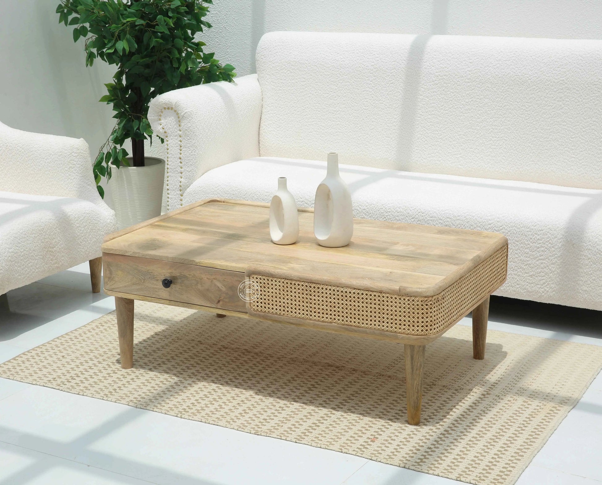 Nicolee Rattan Coffee Table – 2 Drawers, Solid Mango Wood, Natural Finish | Opelhome UAE