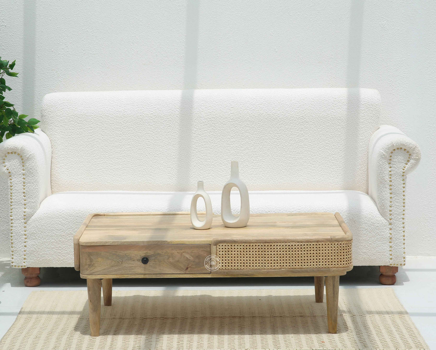 Nicolee Rattan Coffee Table – 2 Drawers, Solid Mango Wood, Natural Finish | Opelhome UAE