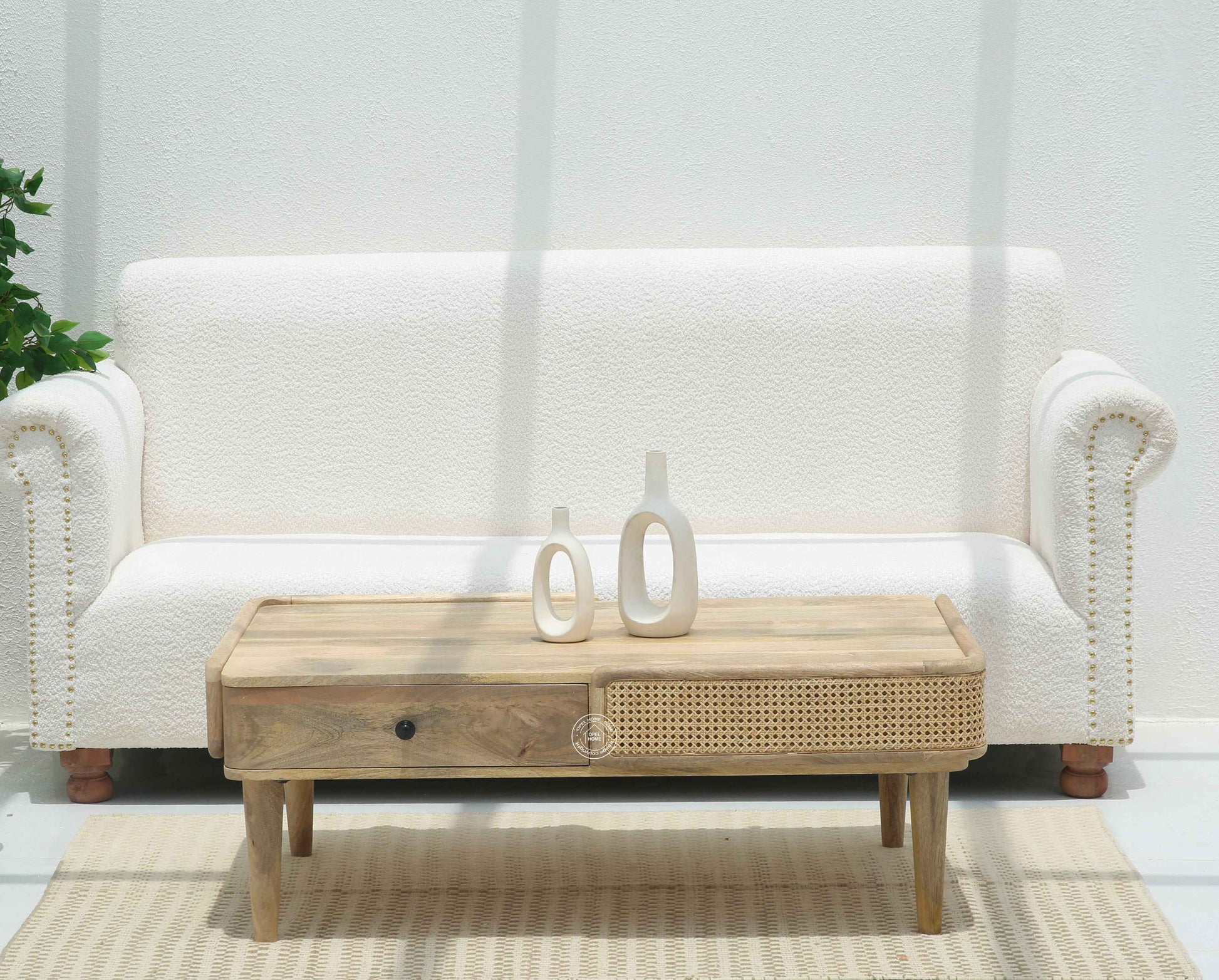 Nicolee Rattan Coffee Table – 2 Drawers, Solid Mango Wood, Natural Finish | Opelhome UAE