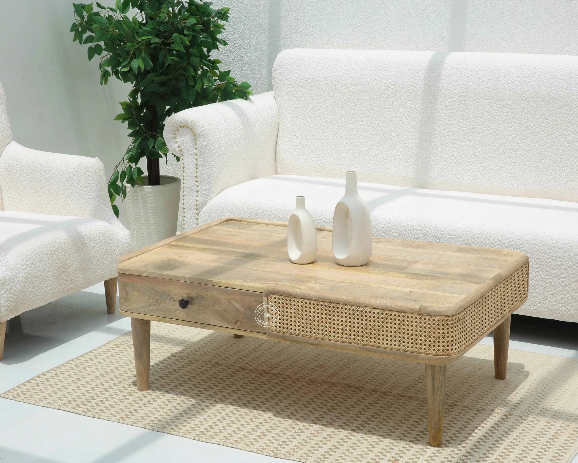 Nicolee Rattan Coffee Table – 2 Drawers, Solid Mango Wood, Natural Finish | Opelhome UAE
