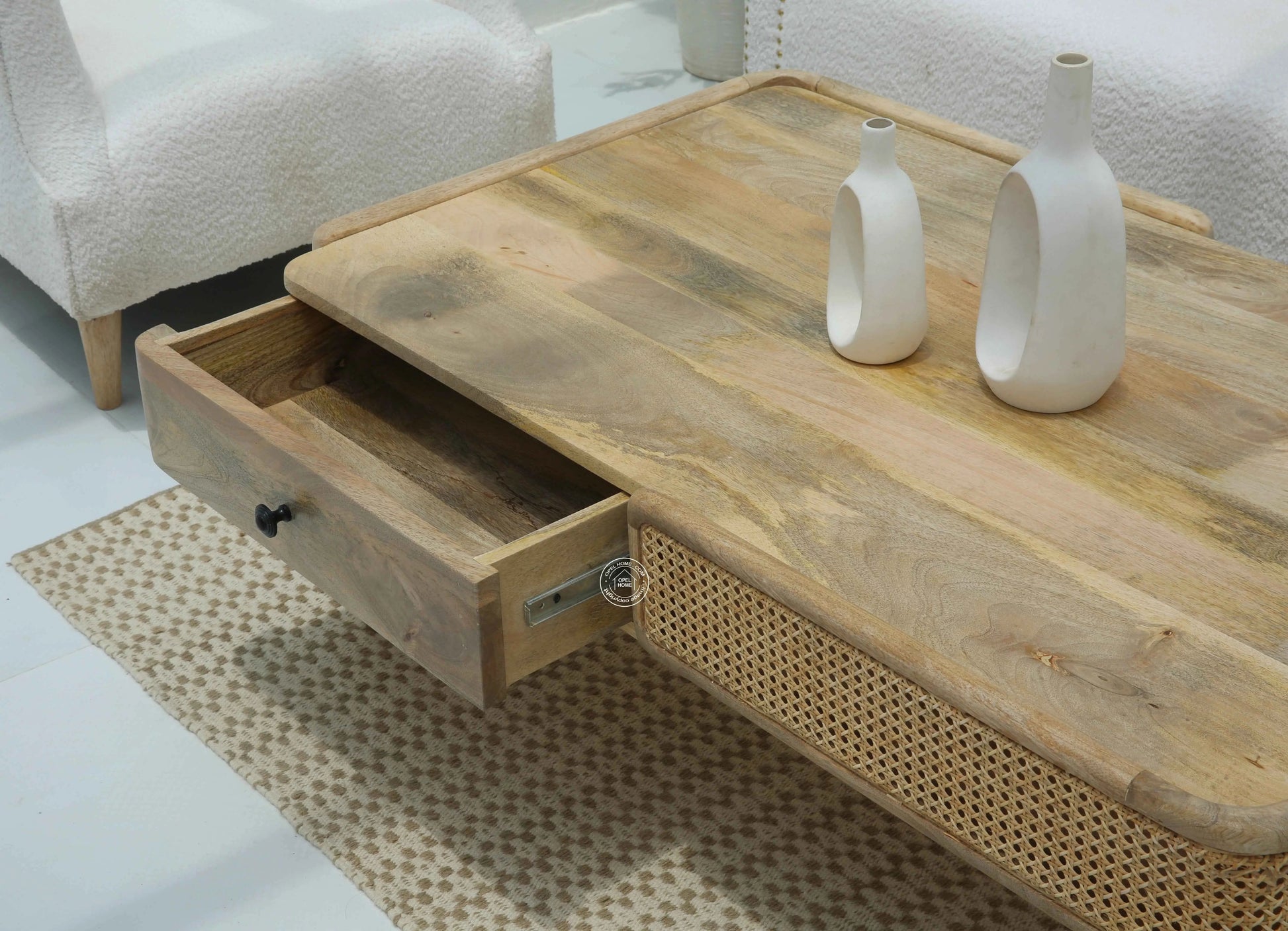 Nicolee Rattan Coffee Table – 2 Drawers, Solid Mango Wood, Natural Finish | Opelhome UAE