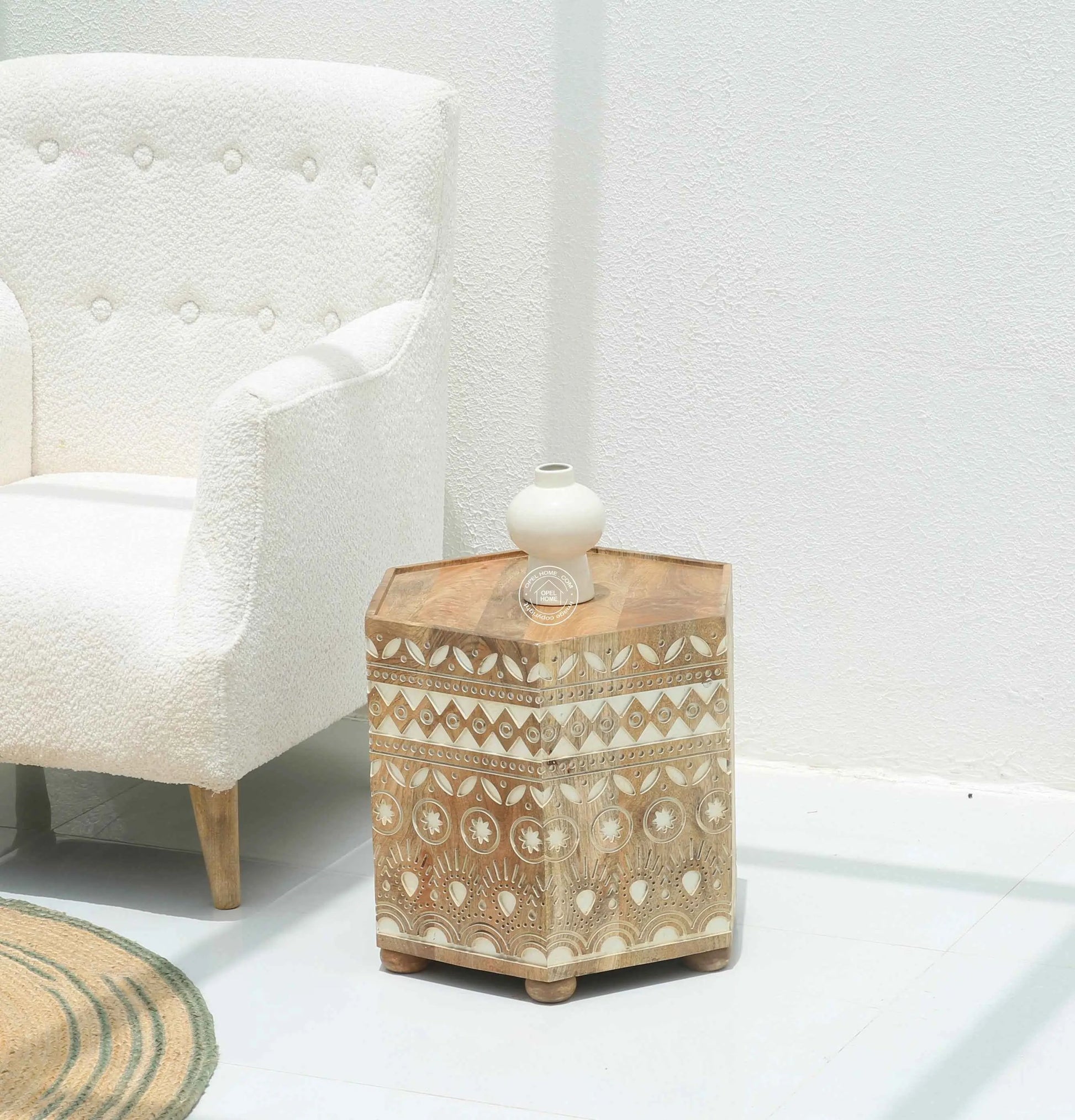 Nordik Wooden Carved Side Table – Solid Mango Wood, Natural Finish | Opelhome UAE