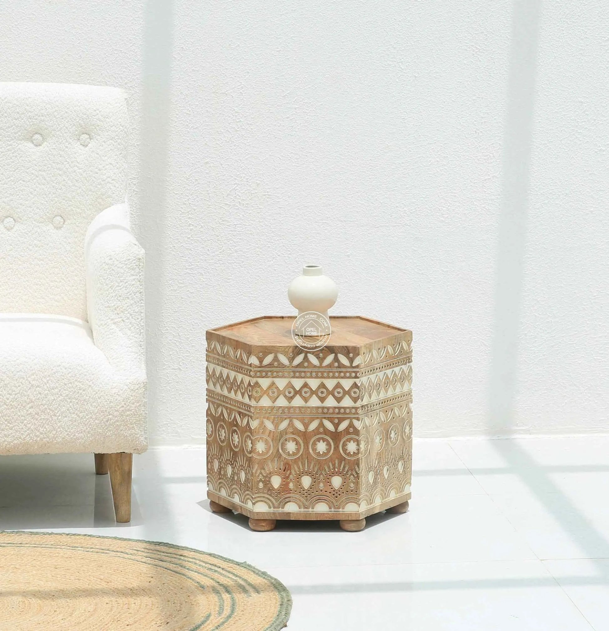 Nordik Wooden Carved Side Table – Solid Mango Wood, Natural Finish | Opelhome UAE