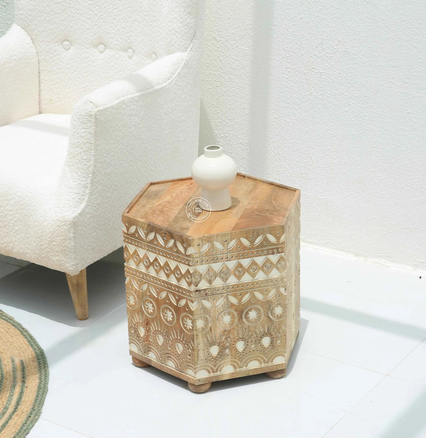 Nordik Wooden Carved Side Table – Solid Mango Wood, Natural Finish | Opelhome UAE