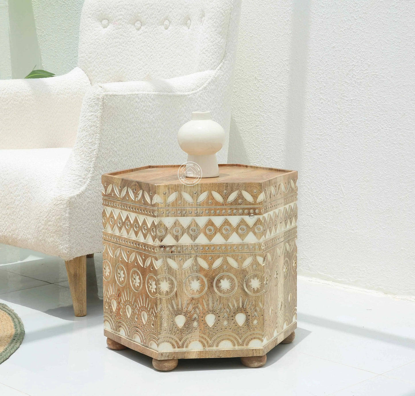 Nordik Wooden Carved Side Table – Solid Mango Wood, Natural Finish | Opelhome UAE