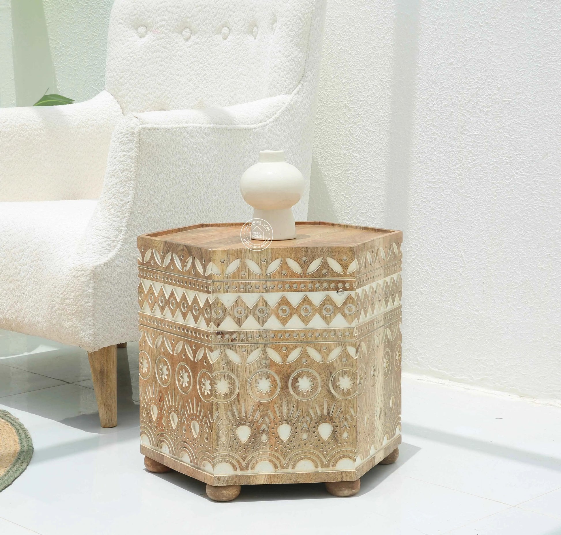 Nordik Wooden Carved Side Table – Solid Mango Wood, Natural Finish | Opelhome UAE