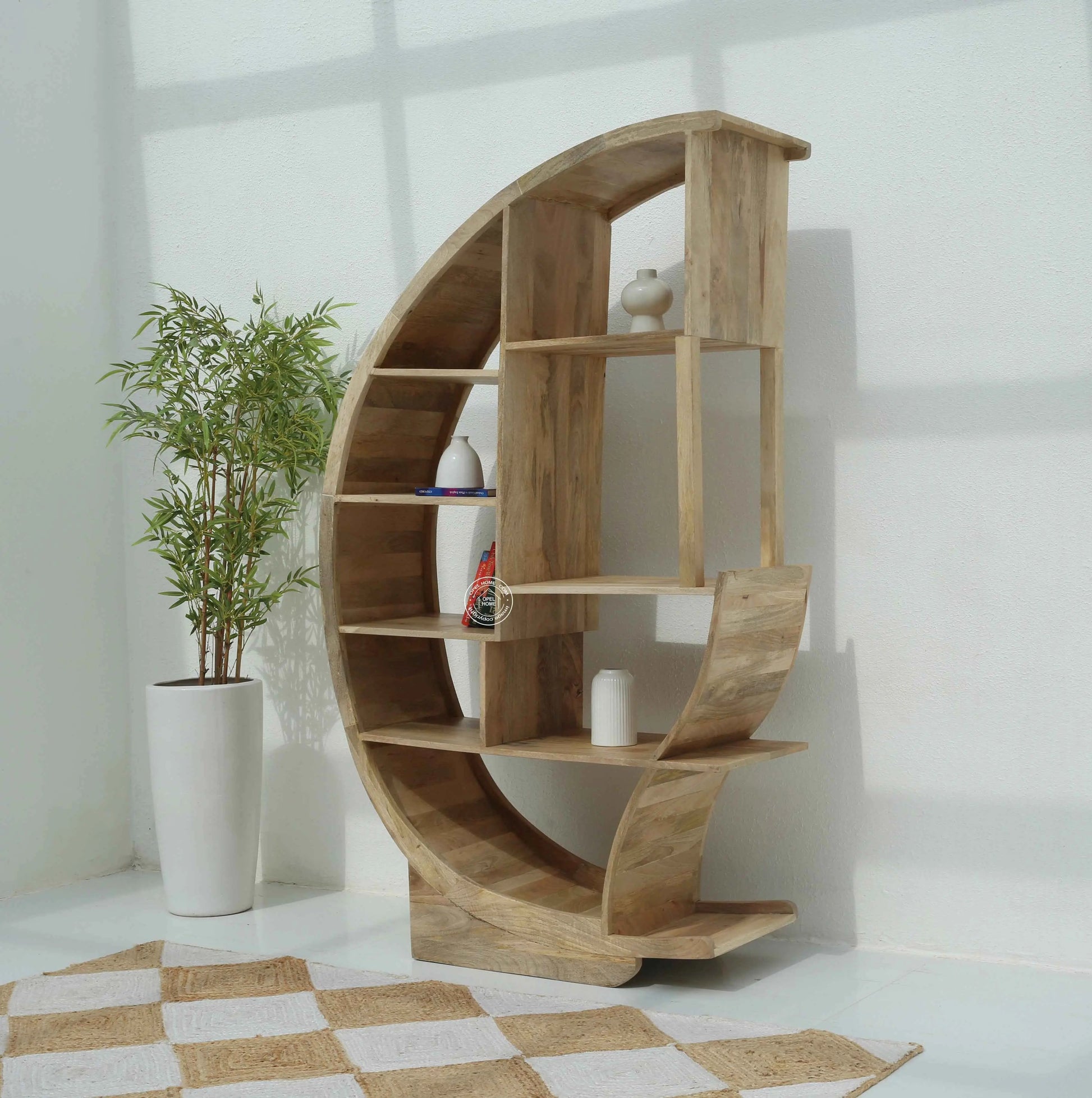 Onley Half Moon Mango Wood Shelves Unit – Solid Mango Wood, Natural Finish | Opelhome UAE
