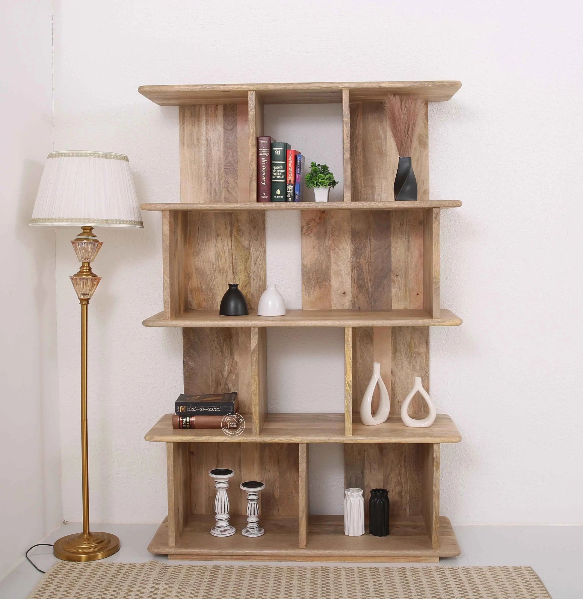 Oradell Wooden Bookcase – Solid Mango Wood, Natural Finish, Tall Shelving | Opelhome UAE