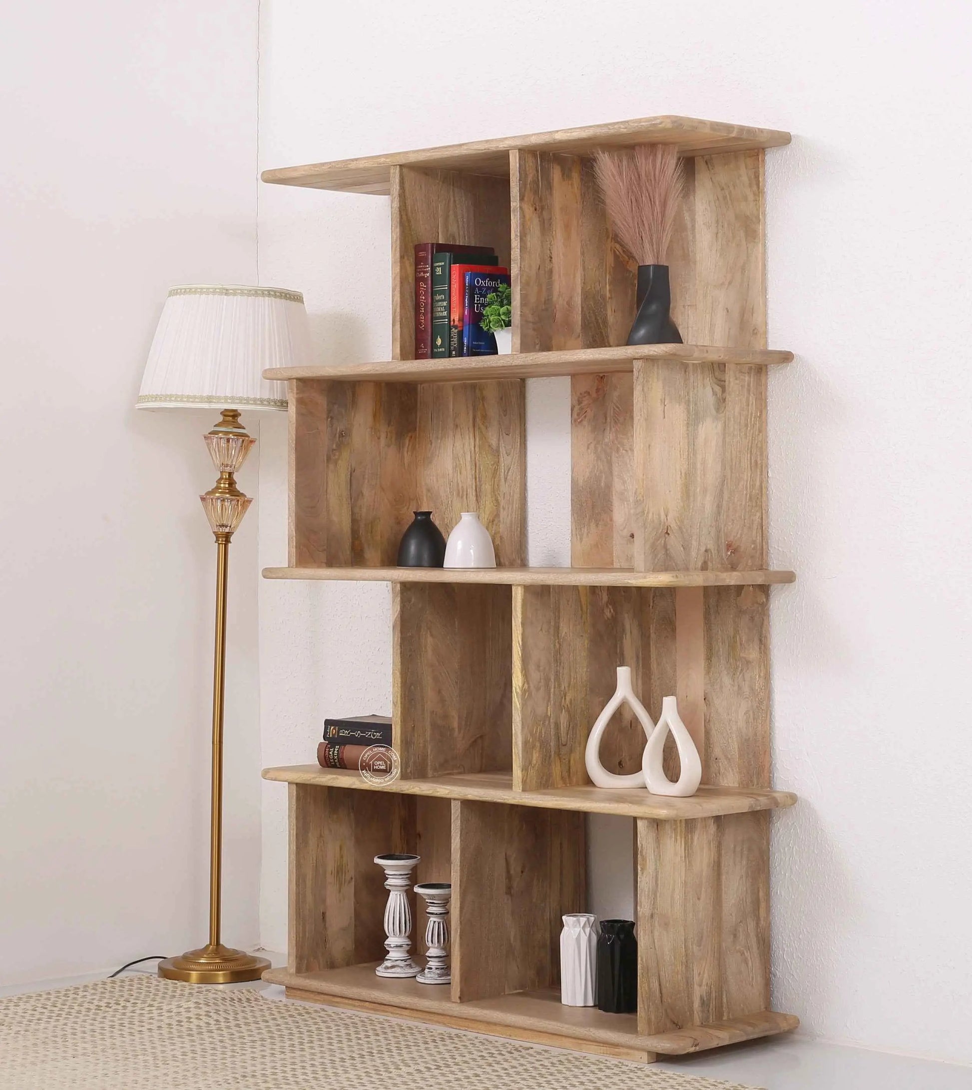 Oradell Wooden Bookcase – Solid Mango Wood, Natural Finish, Tall Shelving | Opelhome UAE
