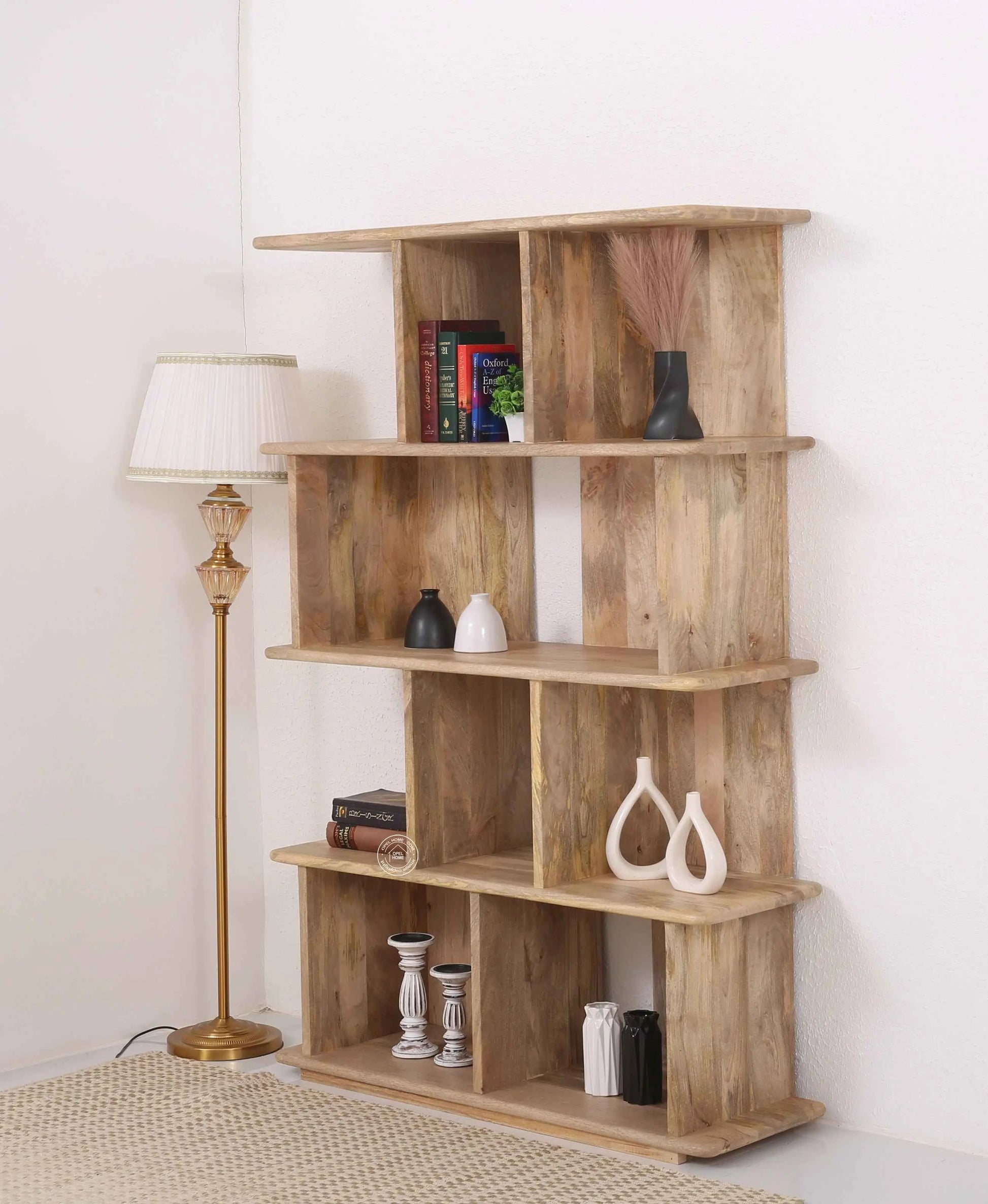 Oradell Wooden Bookcase – Solid Mango Wood, Natural Finish, Tall Shelving | Opelhome UAE