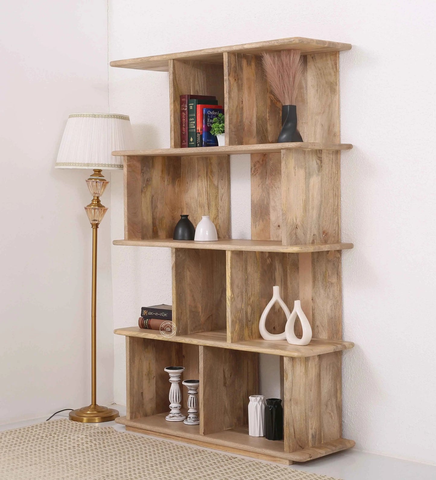 Oradell Wooden Bookcase – Solid Mango Wood, Natural Finish, Tall Shelving | Opelhome UAE