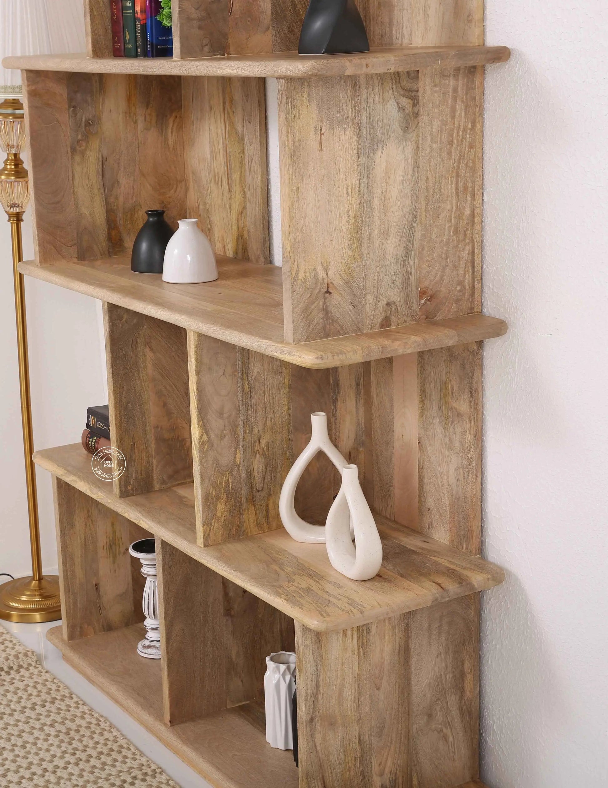 Oradell Wooden Bookcase – Solid Mango Wood, Natural Finish, Tall Shelving | Opelhome UAE