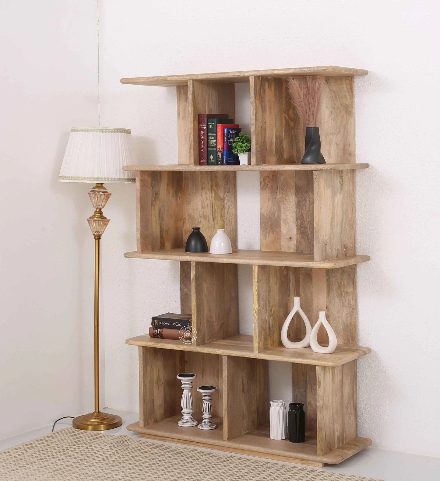 Oradell Wooden Bookcase – Solid Mango Wood, Natural Finish, Tall Shelving | Opelhome UAE