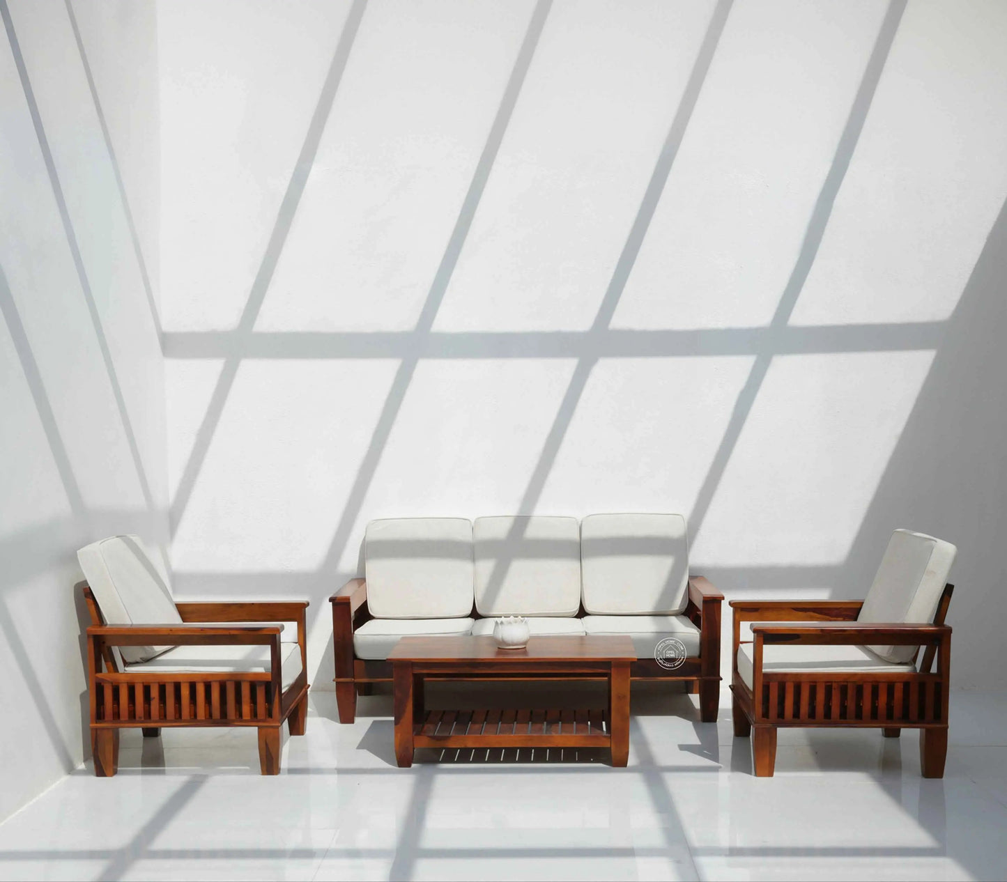 Oresta 3+1+1 Seater Wooden Sofa Set (Honey finish , Without Coffee Table) | Opelhome UAE