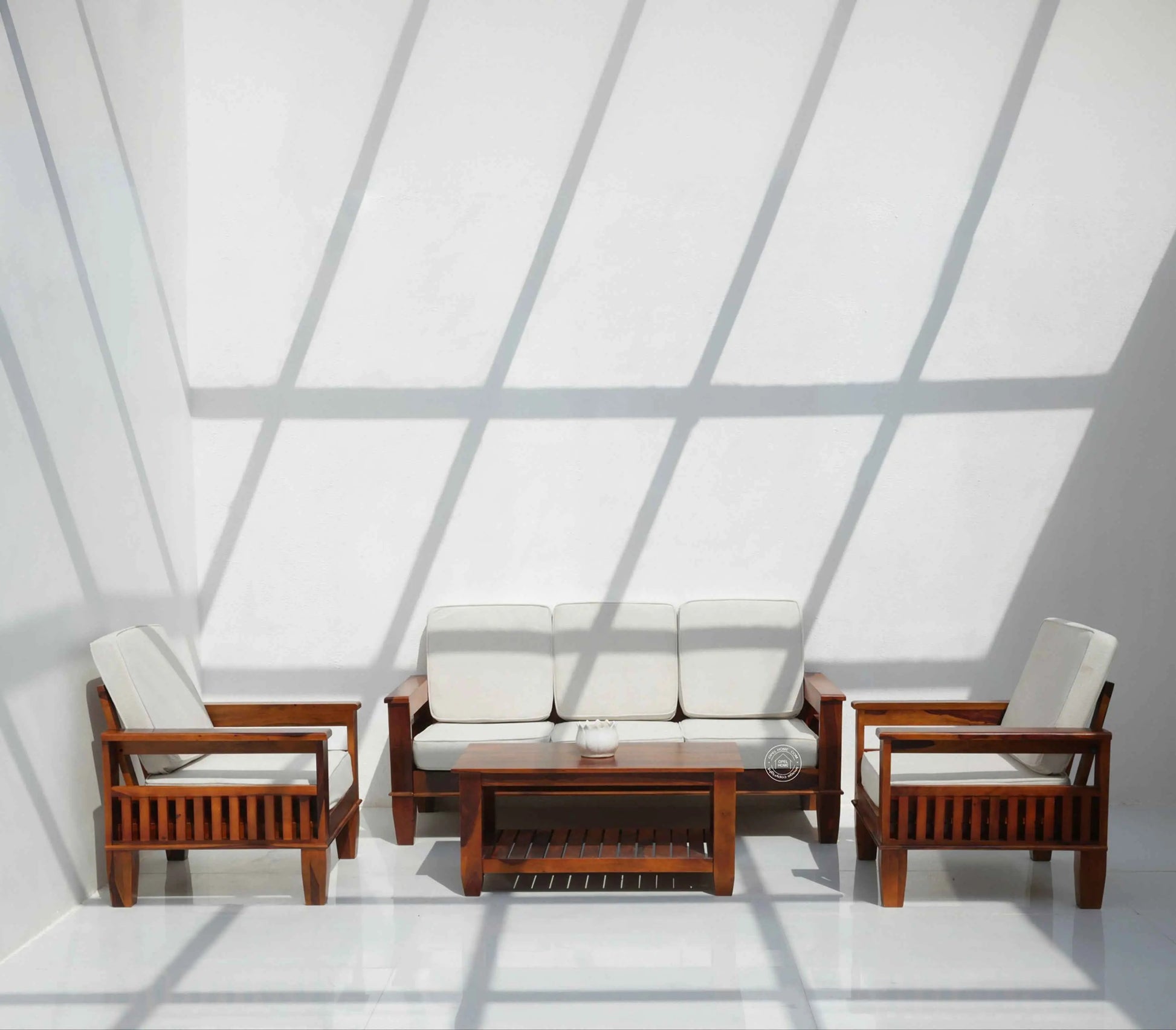 Oresta 3+1+1 Seater Wooden Sofa Set (Honey finish , Without Coffee Table) | Opelhome UAE